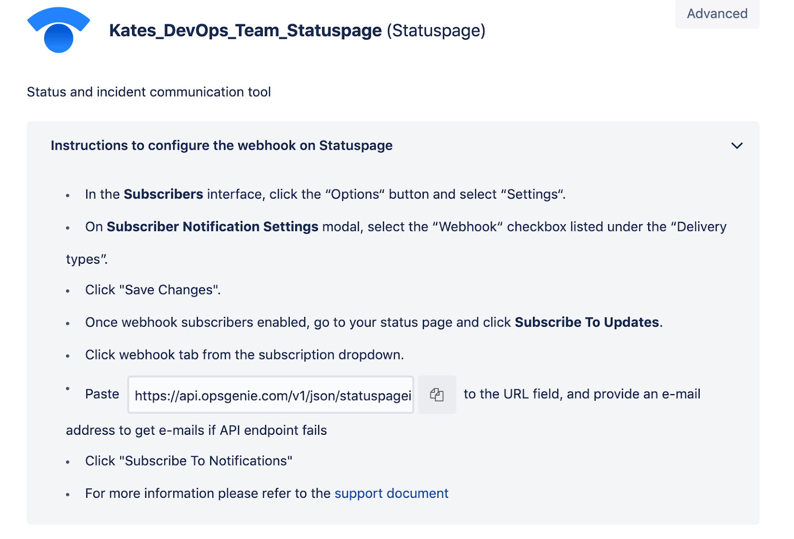 Instructions to configure webhook on Statuspage