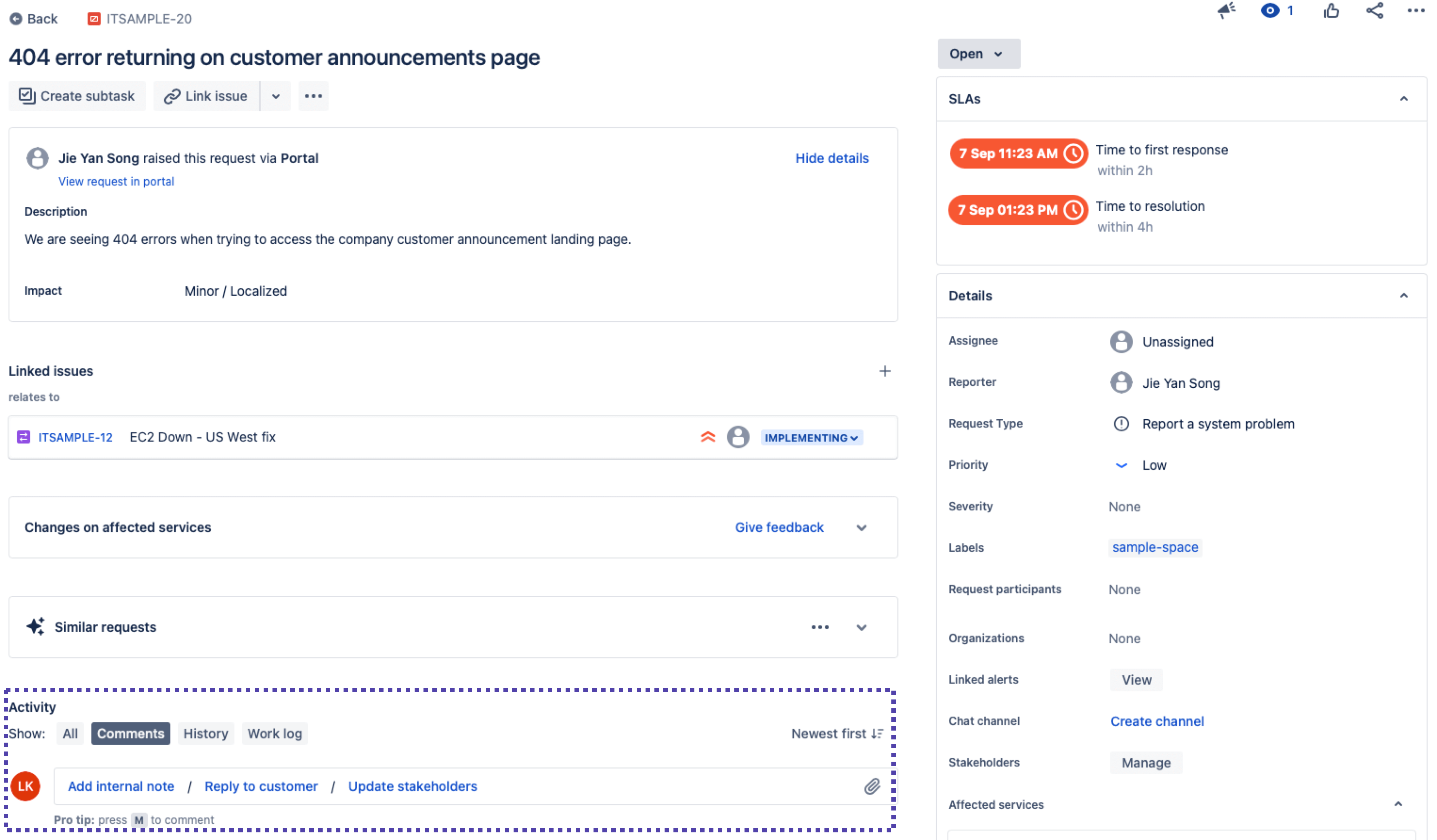 Activity section located in the bottom left of the issue view screen in Jira Service Management