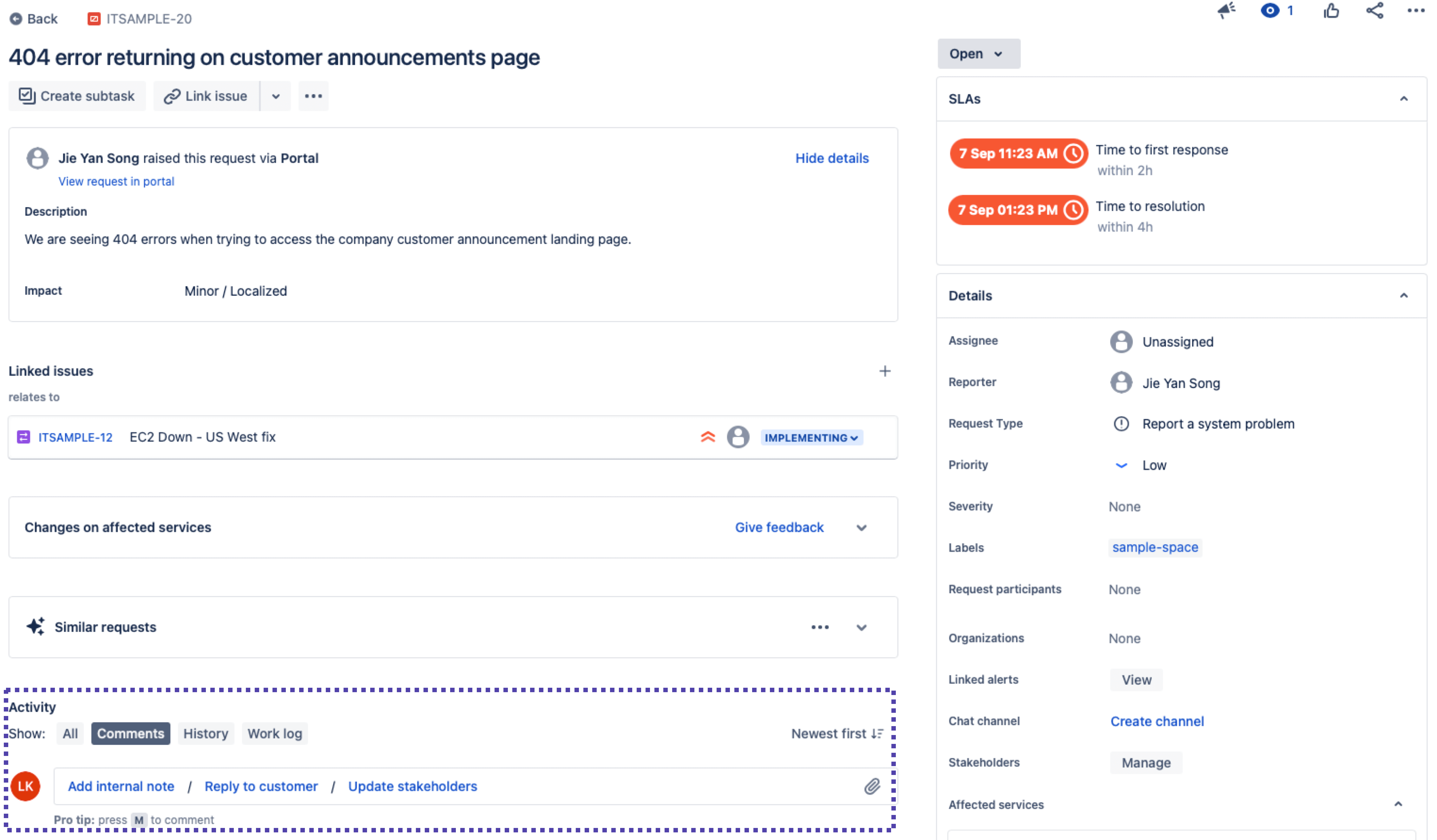 Seção Atividade localizada no canto inferior esquerdo da tela de visualização do item no Jira Service Management