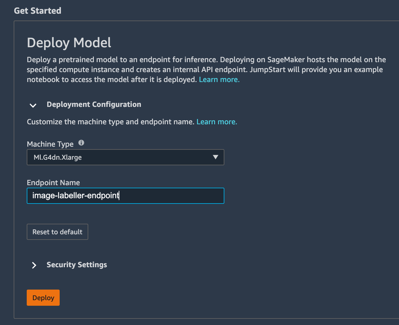 Screenshot of deploy model