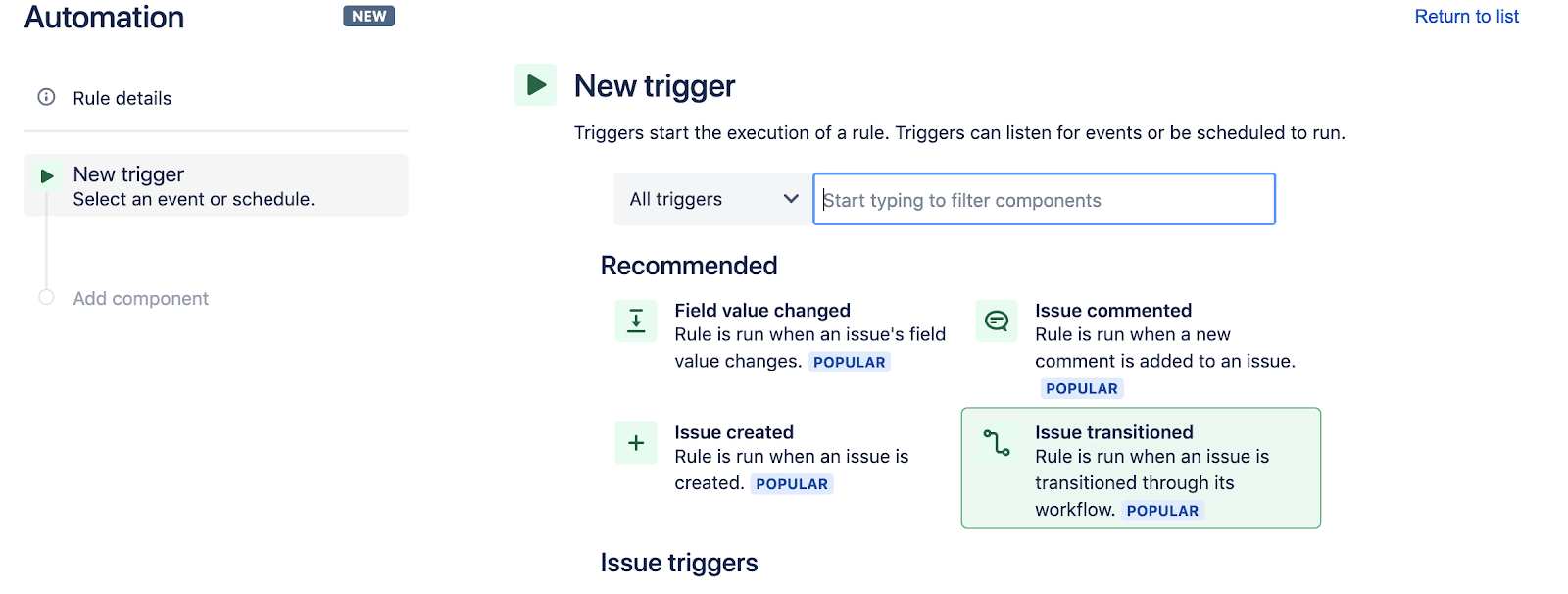Select a trigger in Jira Software