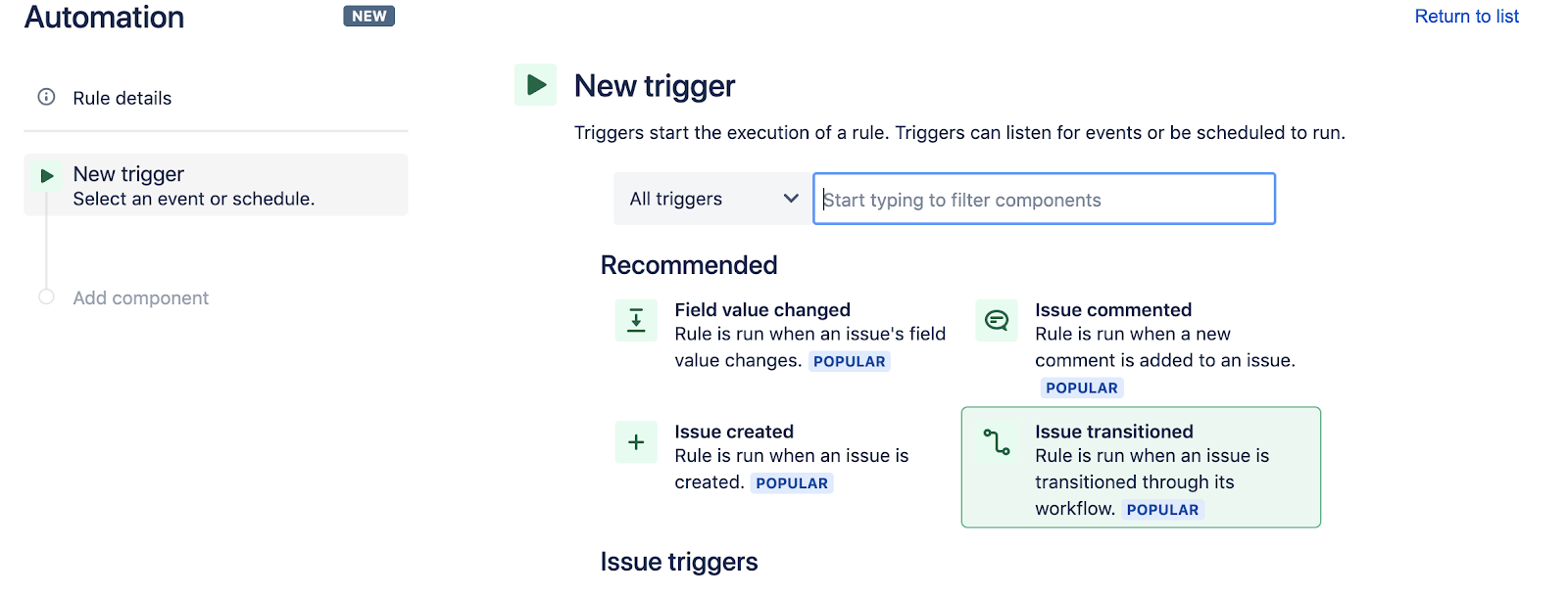 Jira Software에서 트리거를 선택합니다