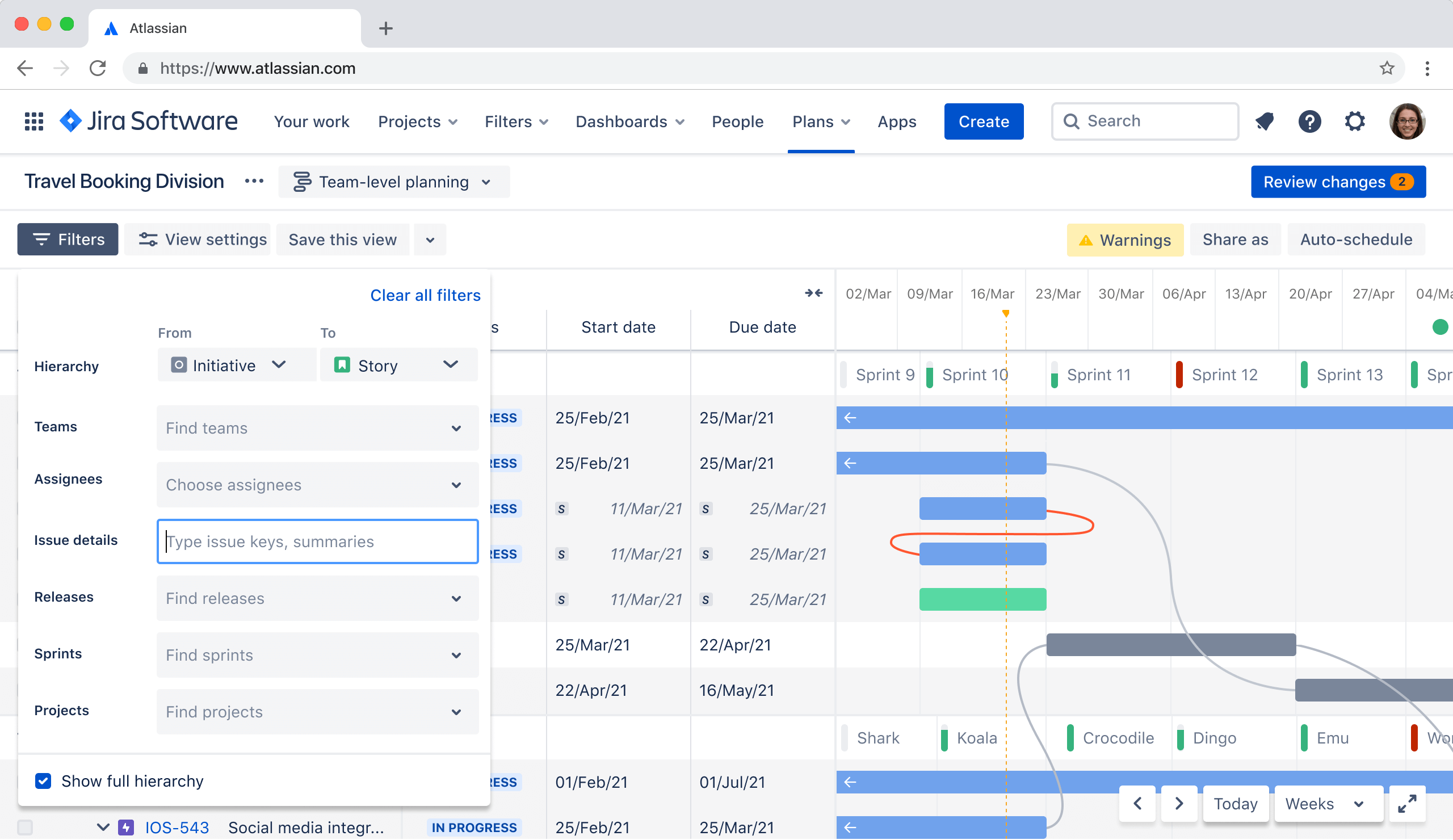 Screenshot: Hierarchien auf der Advanced Roadmap