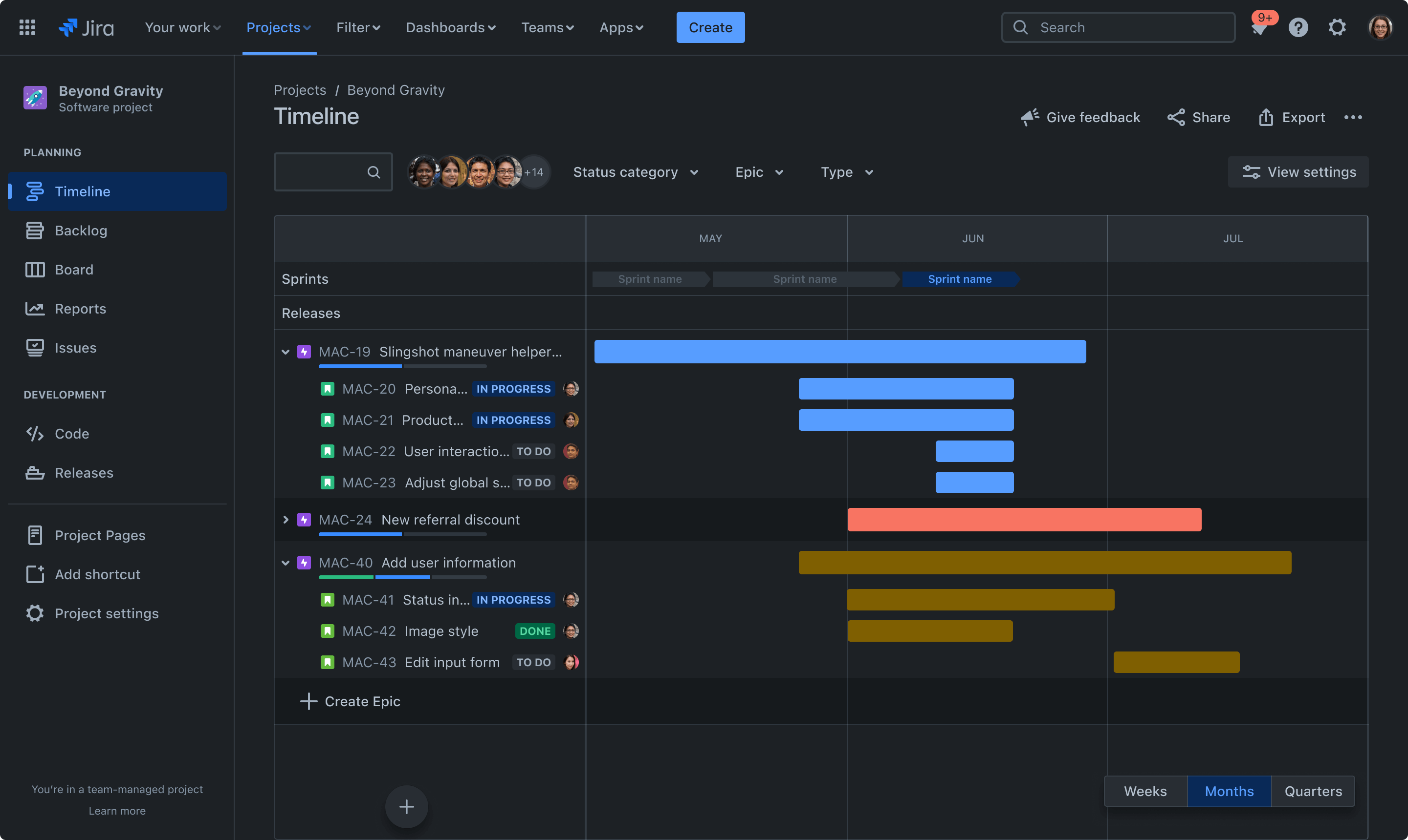 La visualizzazione della timeline di Jira consente agli utenti di esaminare l'avanzamento in base agli sprint in settimane, mesi o trimestri. In questo esempio lo status è per categoria.