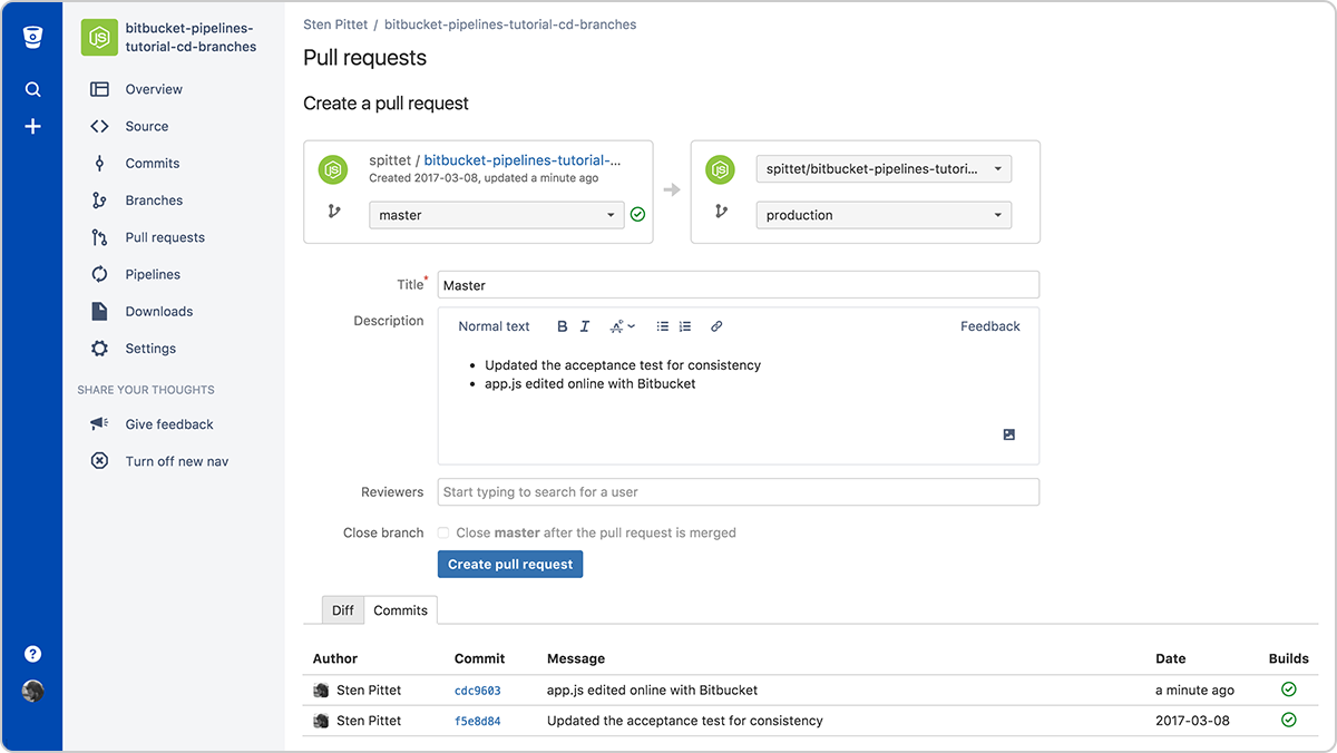 创建拉取请求的 Bitbucket 屏幕截图 | Atlassian CI/CD