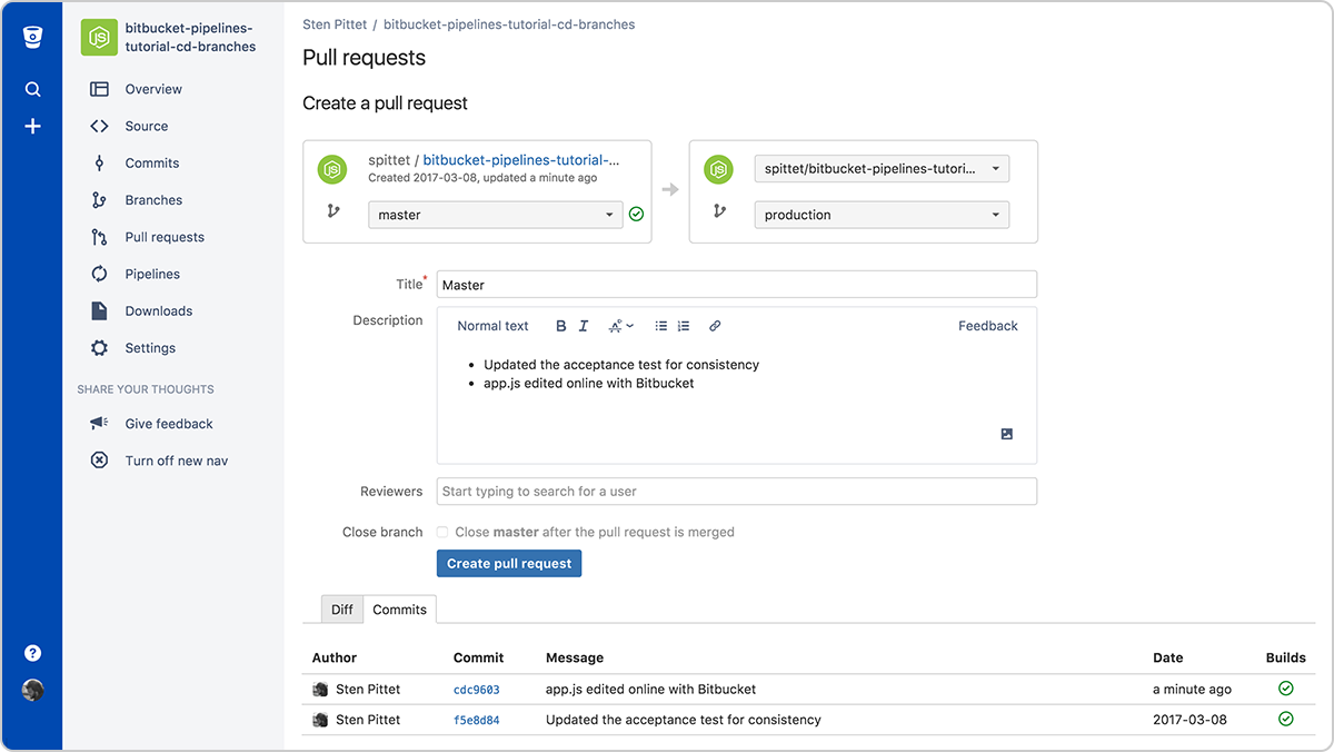 Zrzut ekranu aplikacji Bitbucket przedstawiający tworzenie pull requestu | CI/CD w Atlassian