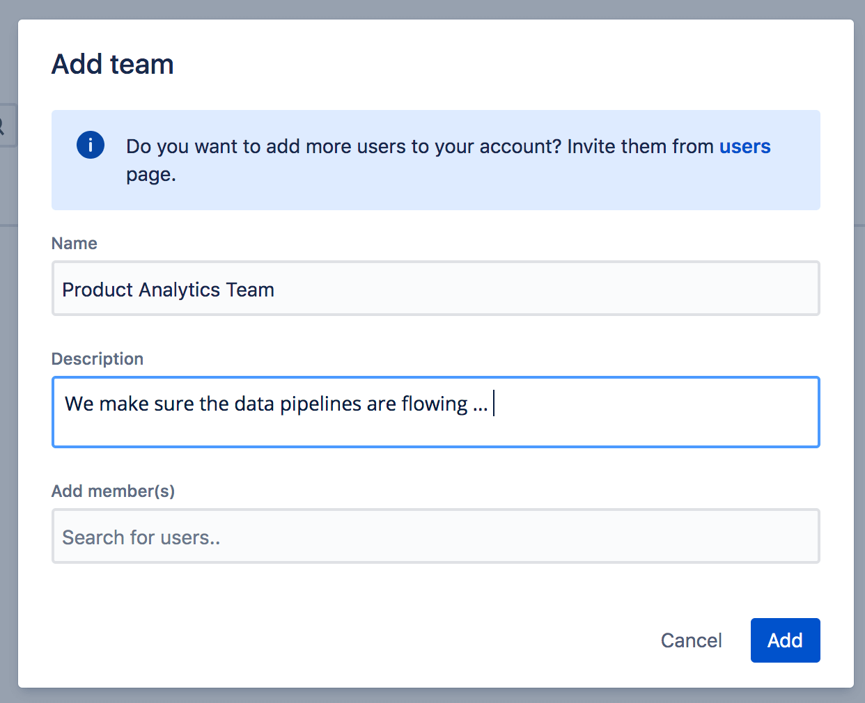 [Add team (チームの追加)] フィールドをハイライトしたスクリーンショット