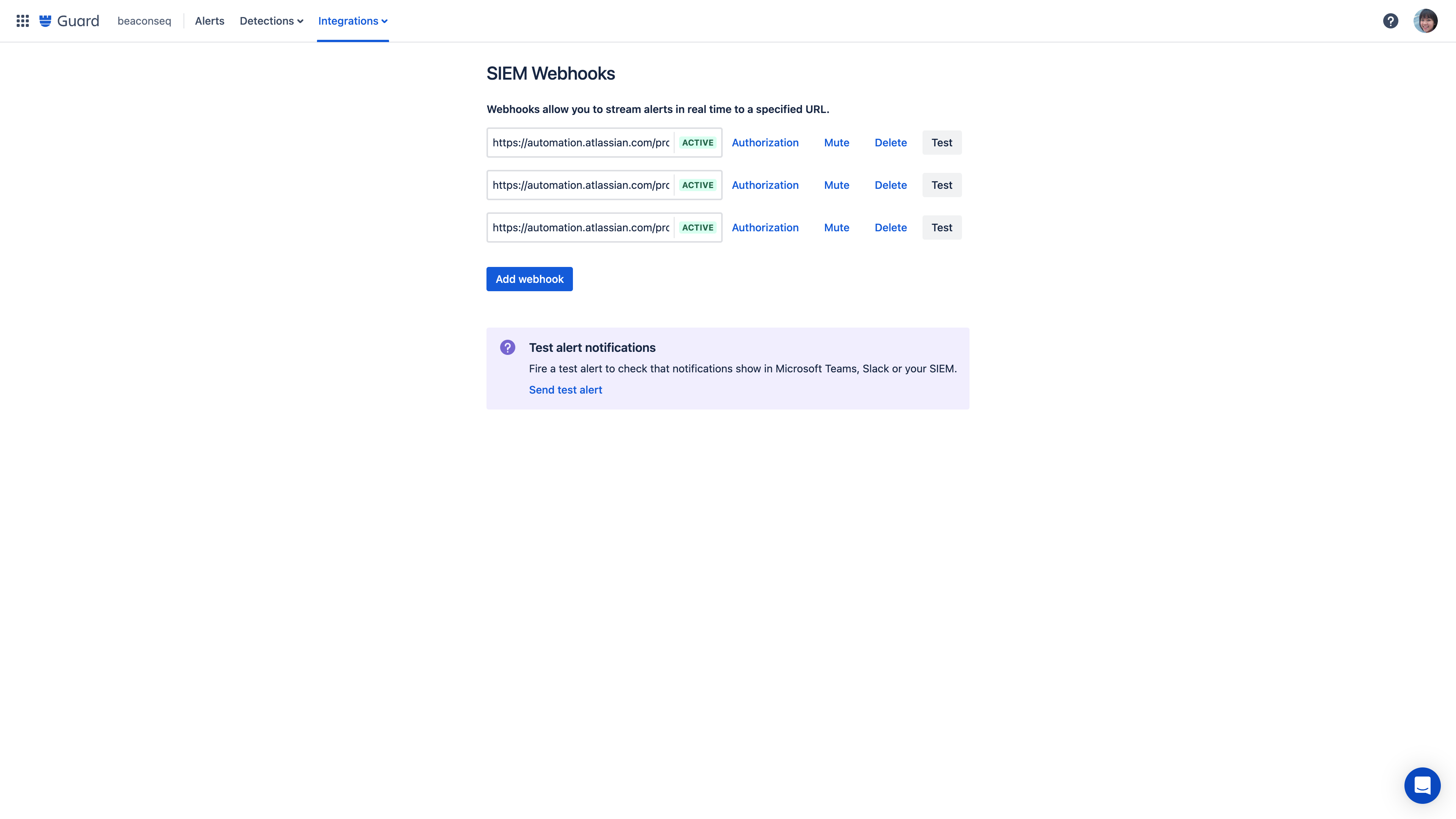 Captura de pantalla de las integraciones de SIEM