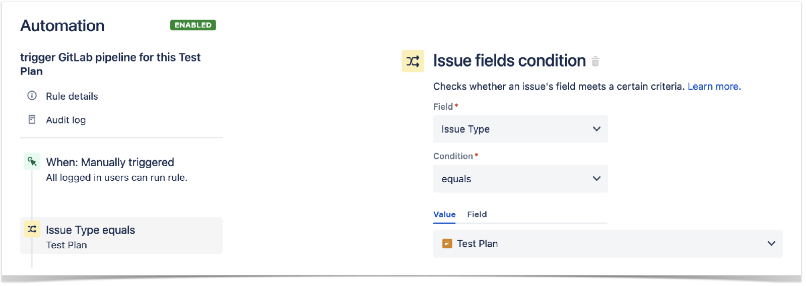 Define the condition of new rule in Jira settings, under Automation