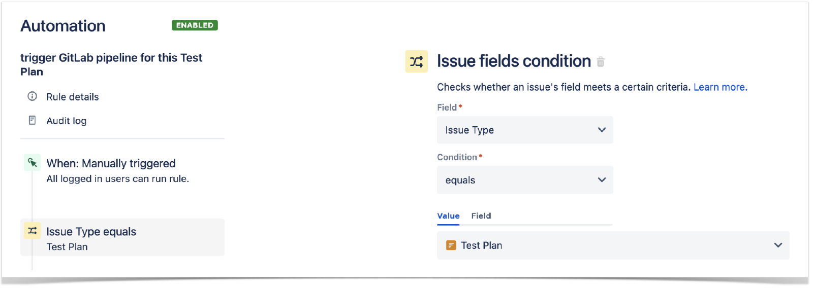 Definir la condición de una regla nueva en la configuración de Jira, en Automation