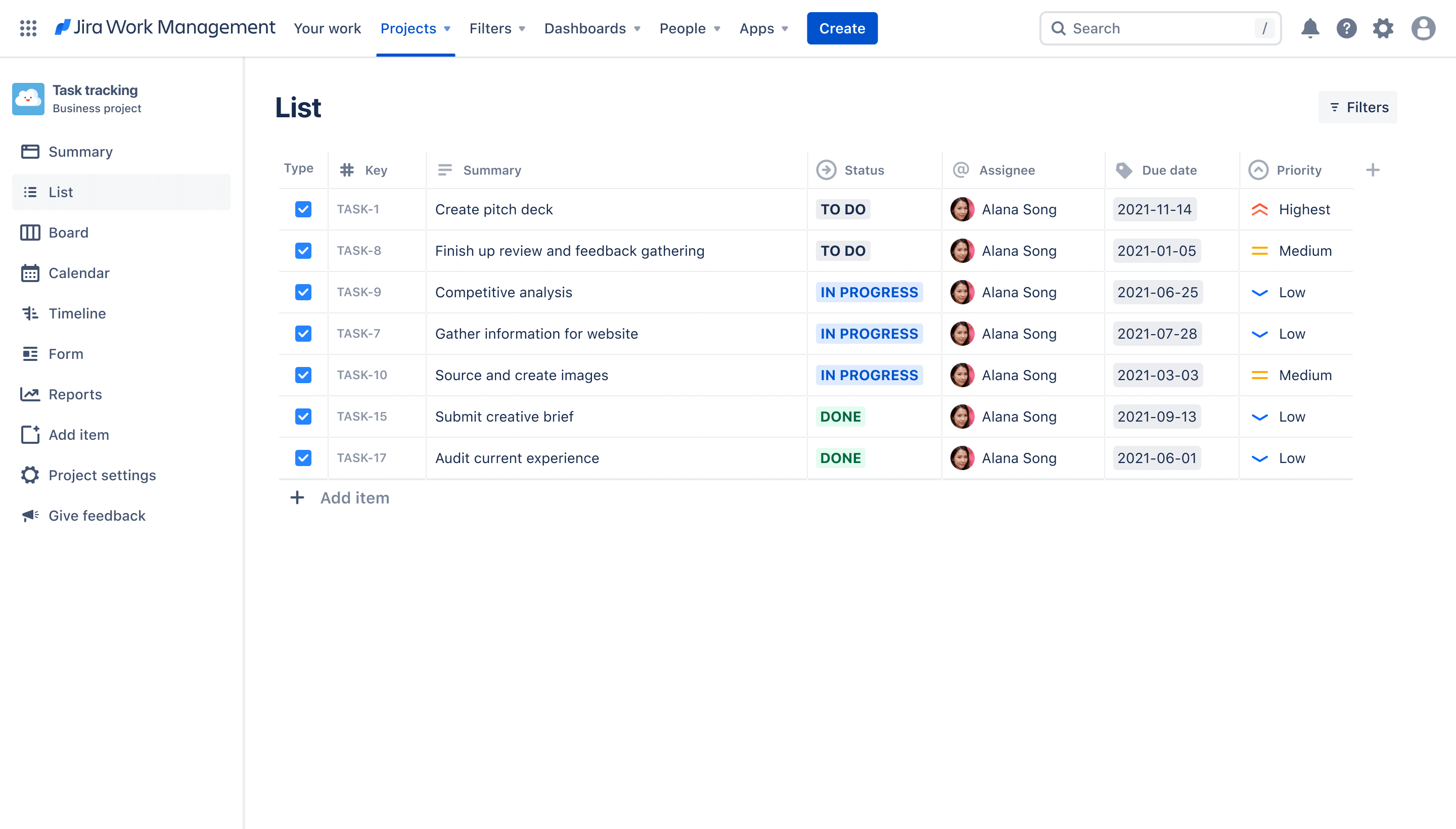 Task tracking list view in Jira Work Management