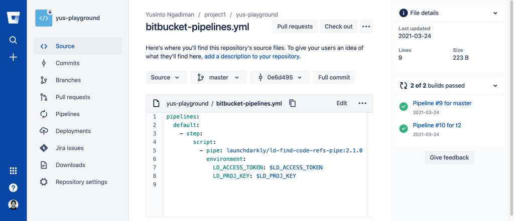 Criação e ativação de sinalizadores de função do LaunchDarkly com o Bitbucket Pipelines