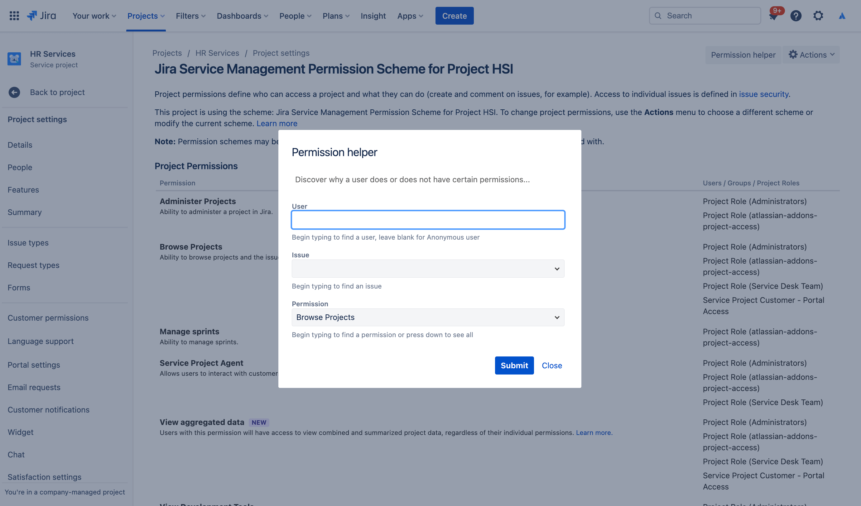 schermafbeelding van de rechtenhulp in Jira Service Management