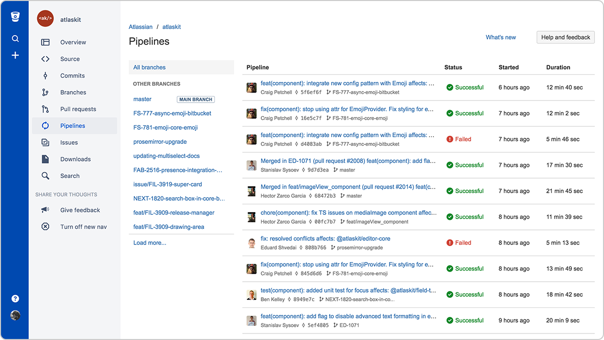 Bitbucket Pipelines를 통해 리포지토리로의 모든 푸시를 확인할 수 있습니다