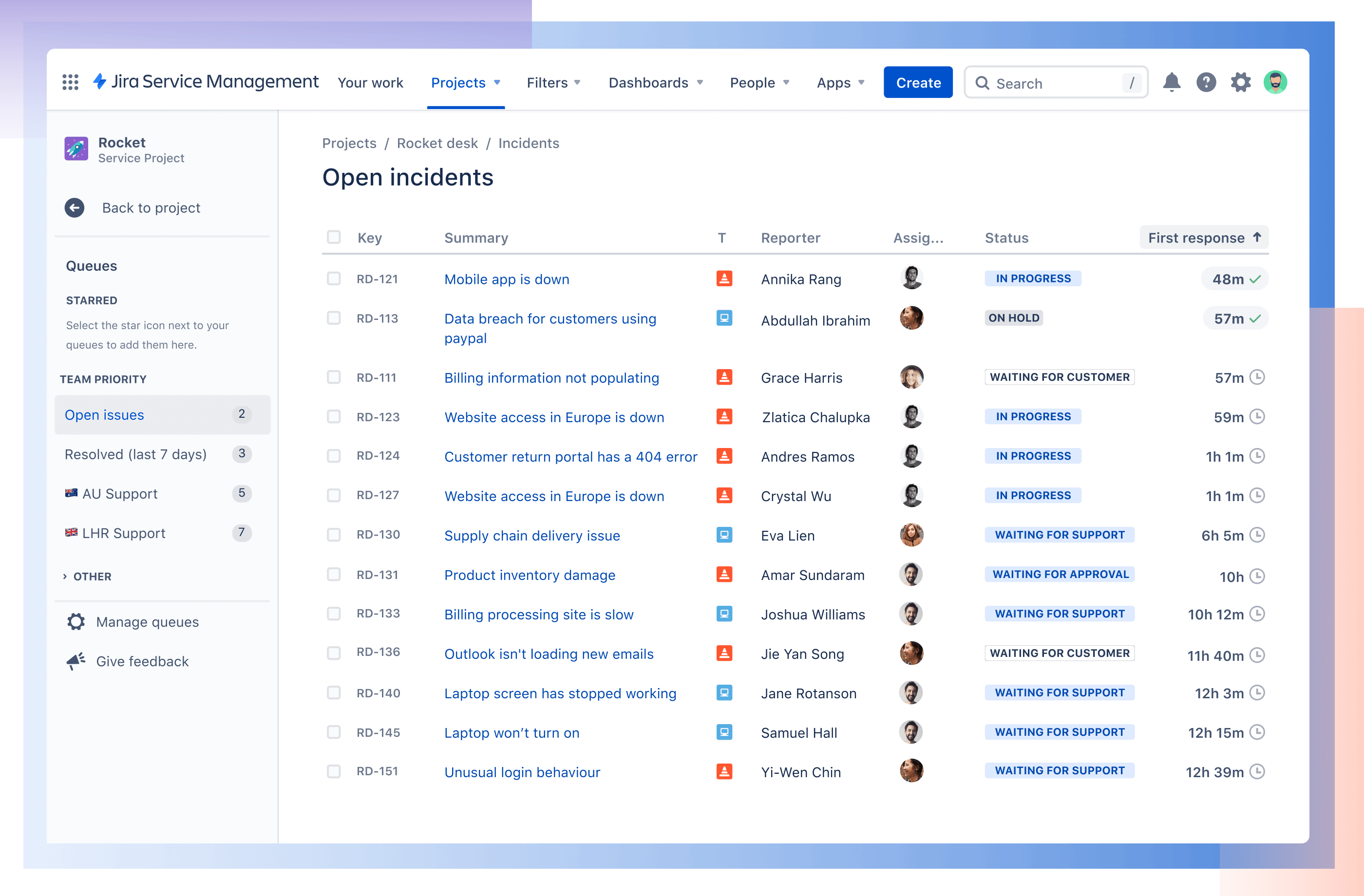 Visualizzazione degli imprevisti aperti con ticket collegati da Jira in Jira Service Management