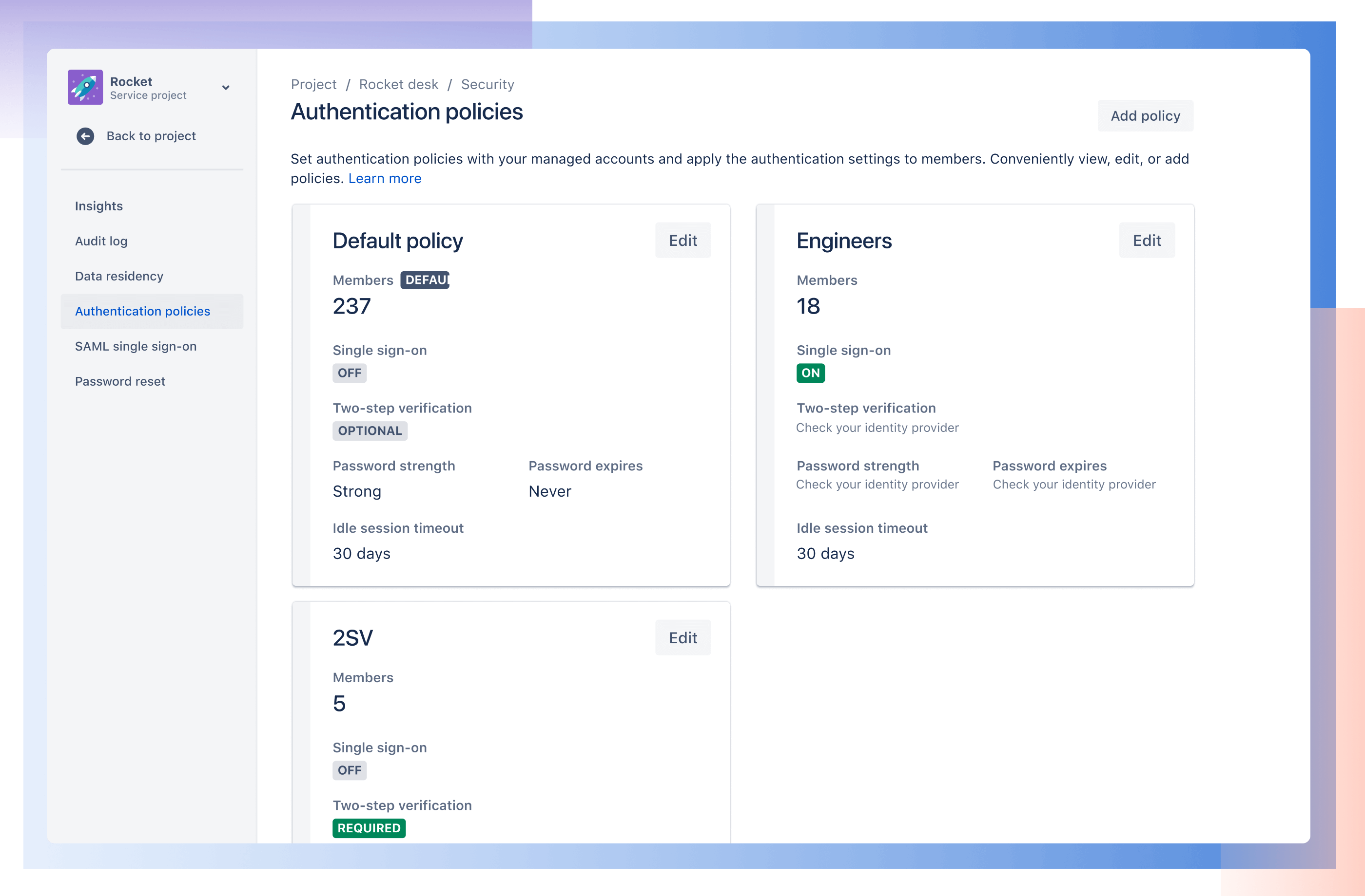 Jira Service Management の認証ポリシー ダッシュボード。