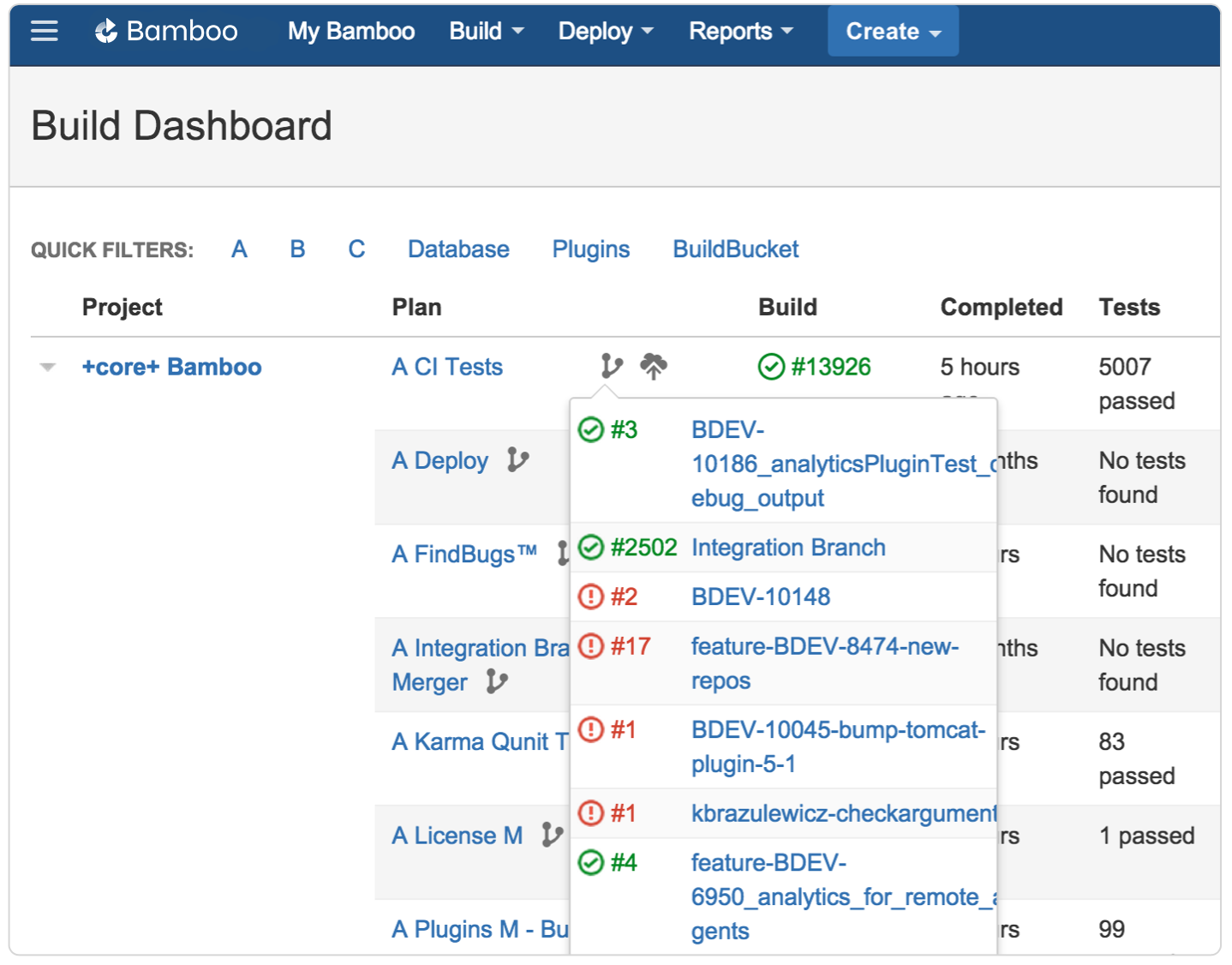 Screenshot "Build-Dashboard der Plan-Branches in Bamboo"