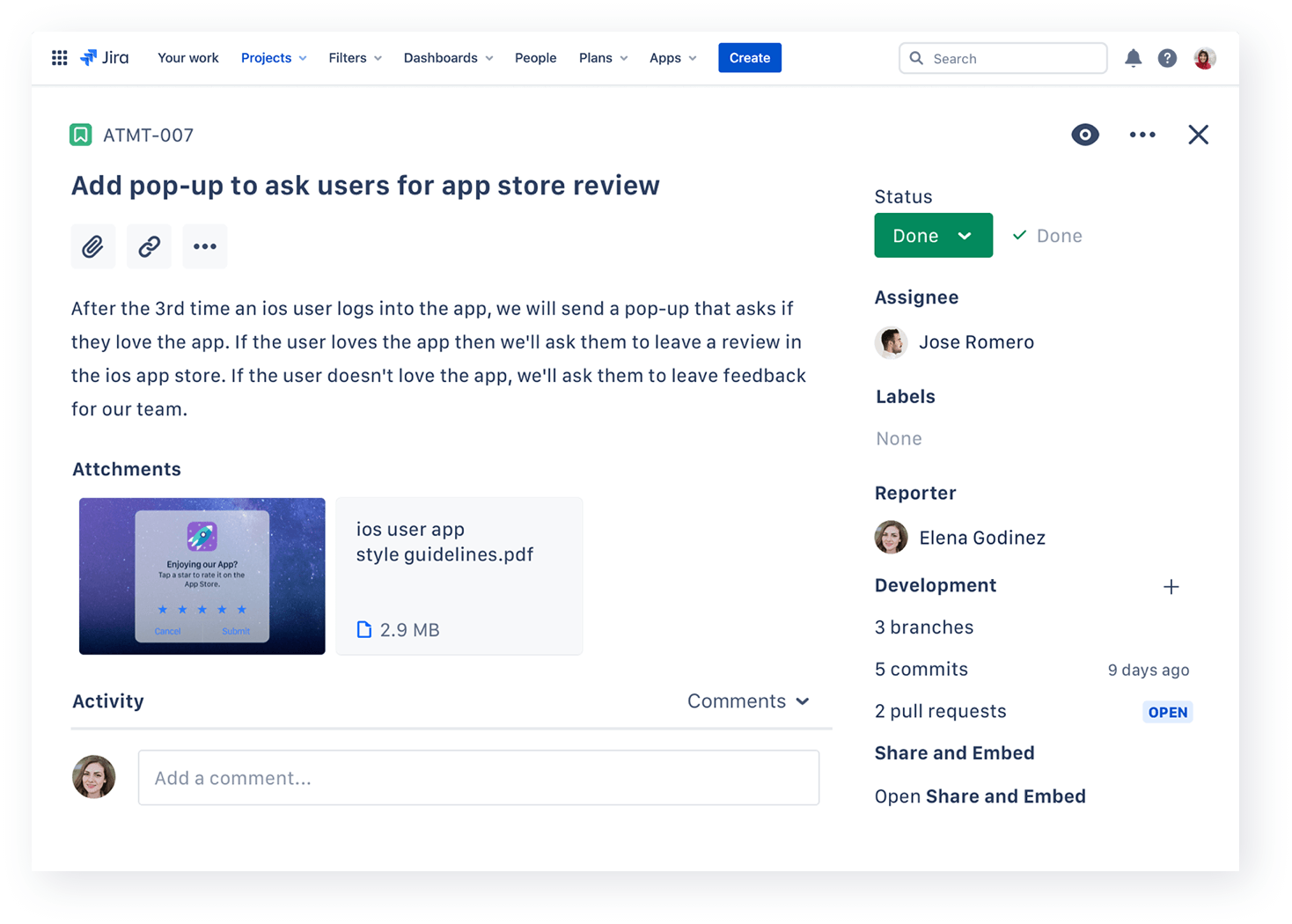 Screenshot of Jira ticket