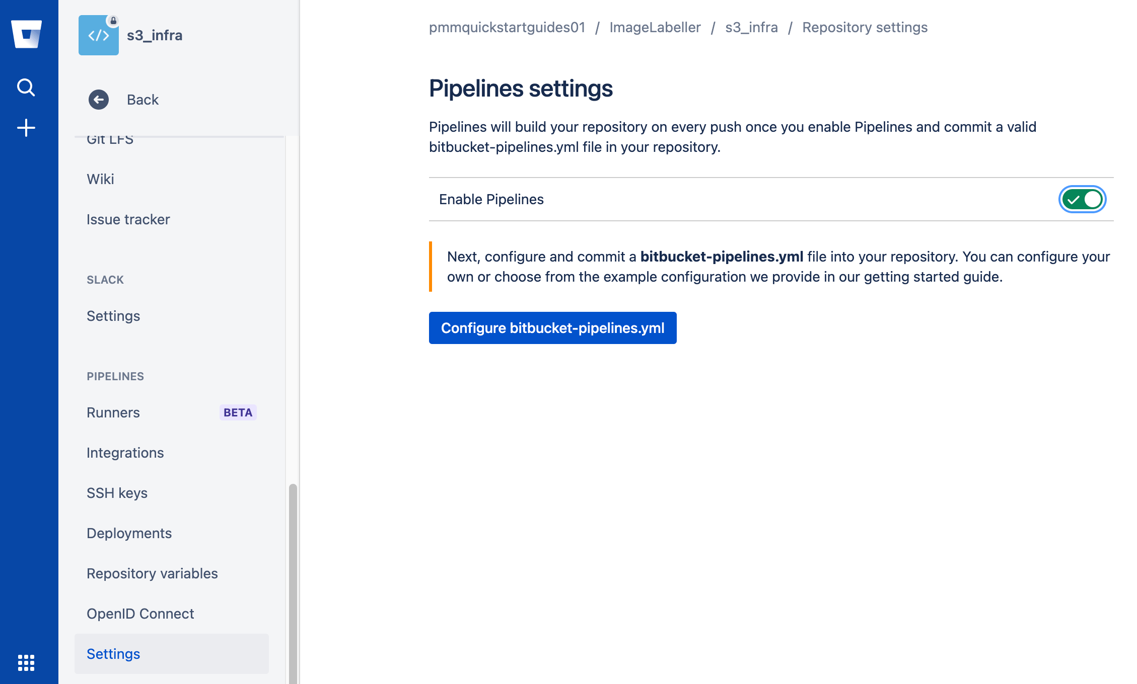 Enabling pipelines in Bitbucket