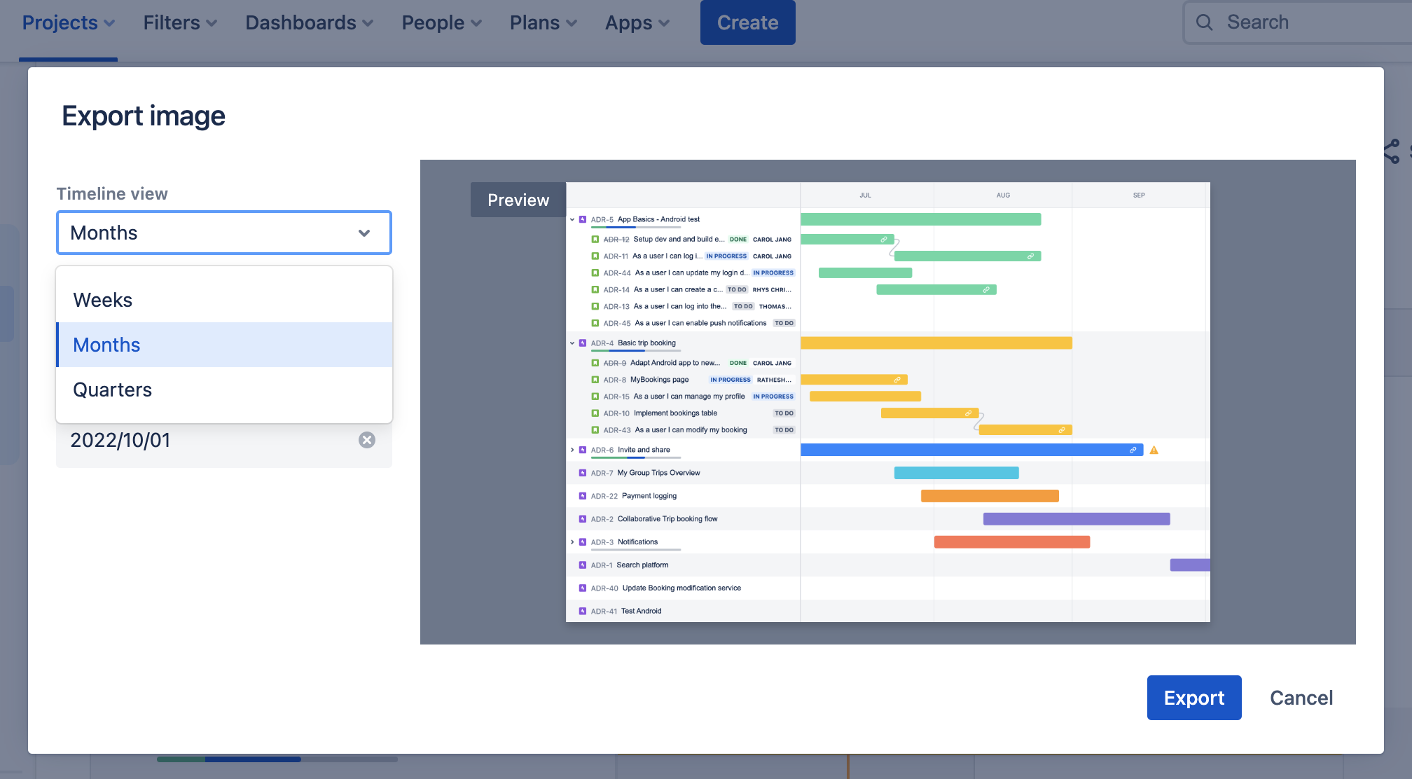 Jira 内でのエクスポート