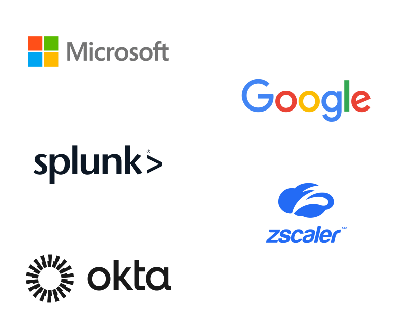 Microsoft, Splunk, Okta, Google and Zscaler logos