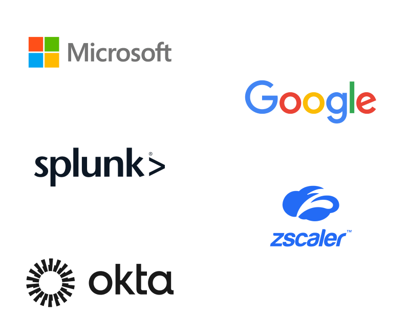 Logotipos de Microsoft, Splunk, Okta, Google y Zscaler