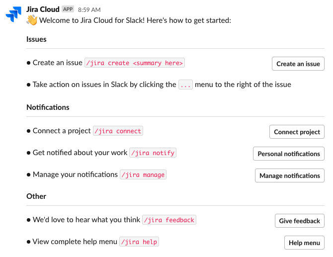 Message de bienvenue de l'app Jira Cloud dans Slack