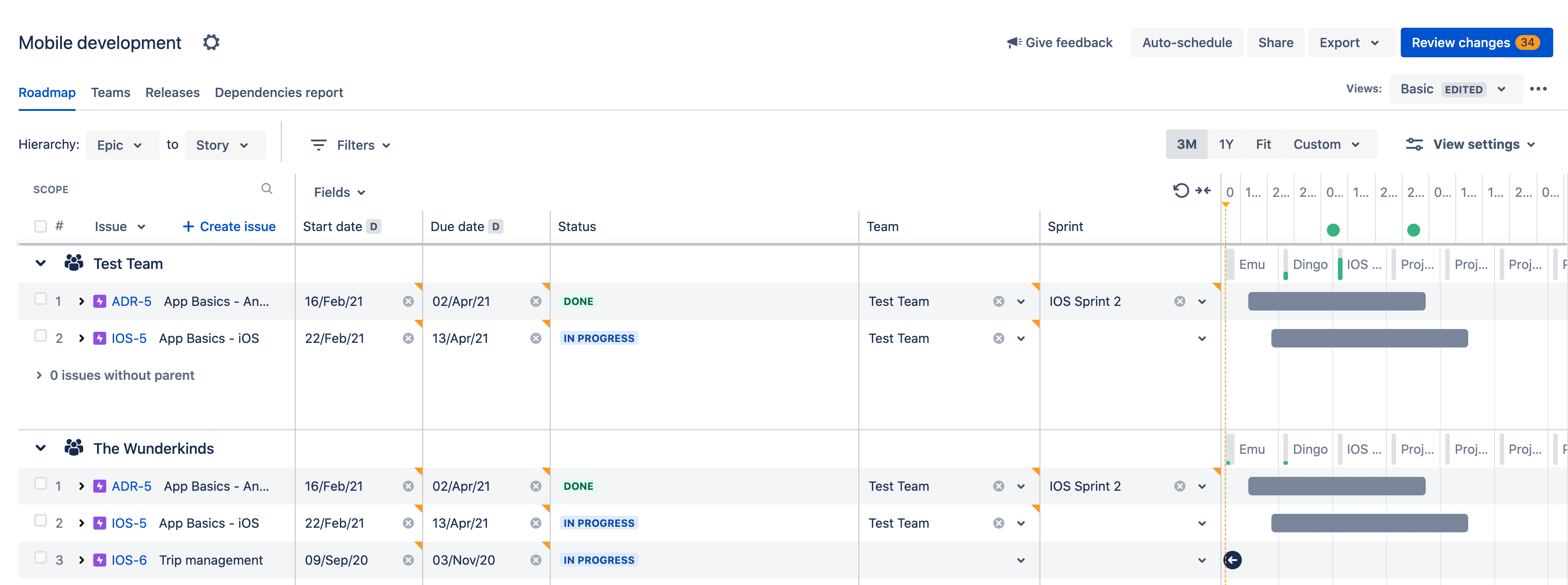 Captura de pantalla de Jira Advanced Roadmaps