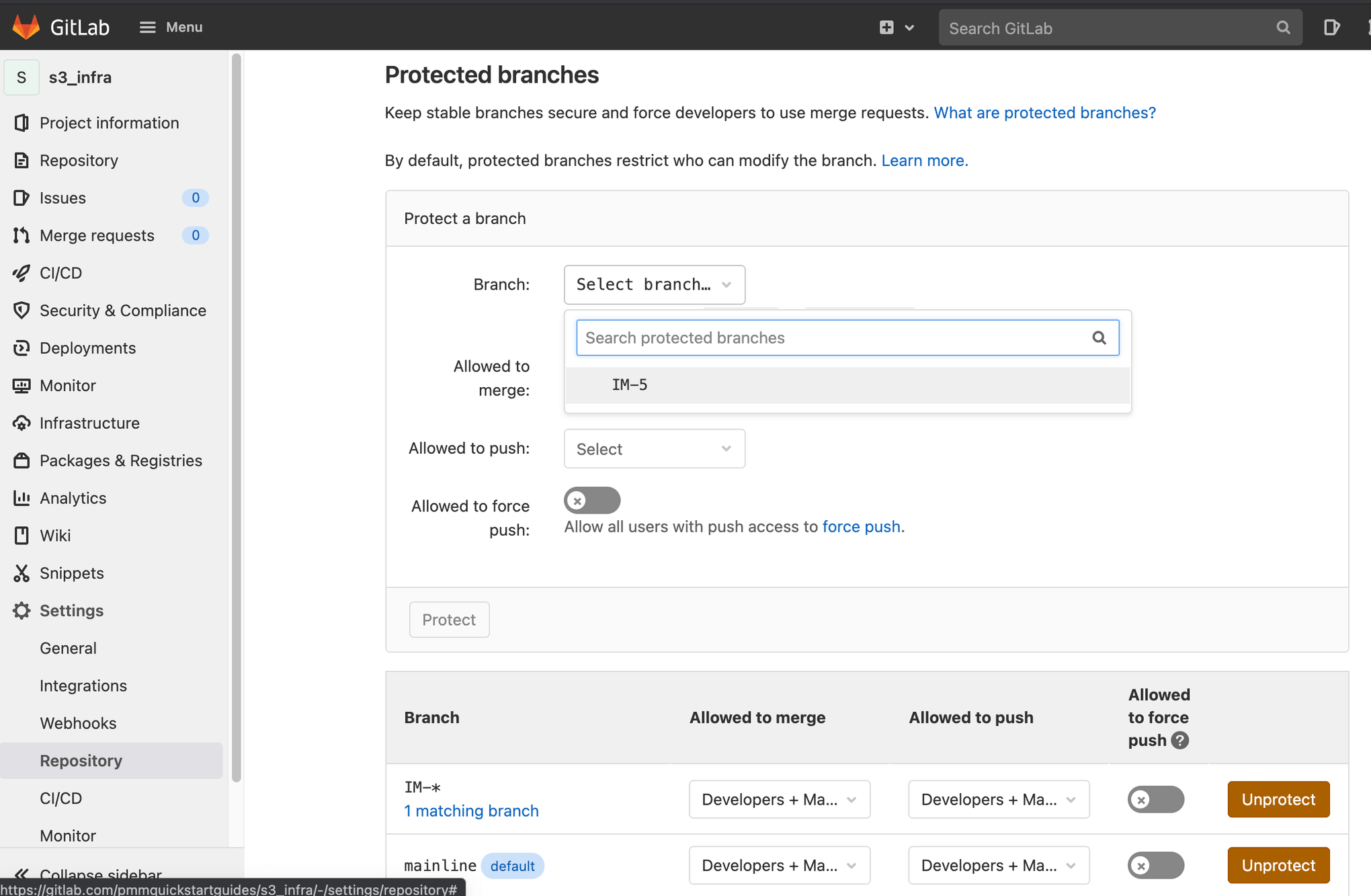 Configuring protected branches in GitLab