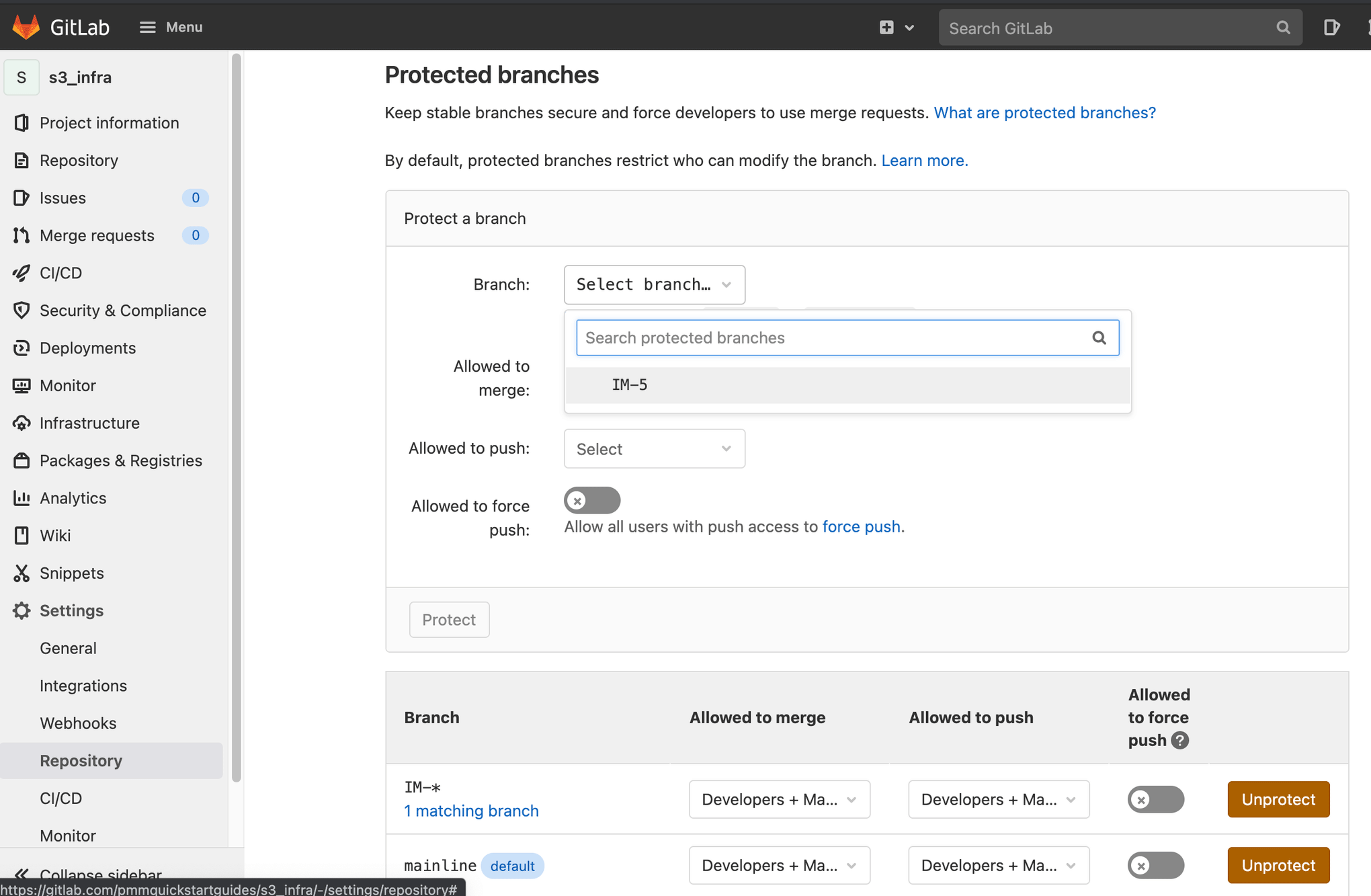 Konfigurowanie gałęzi chronionych w GitLab