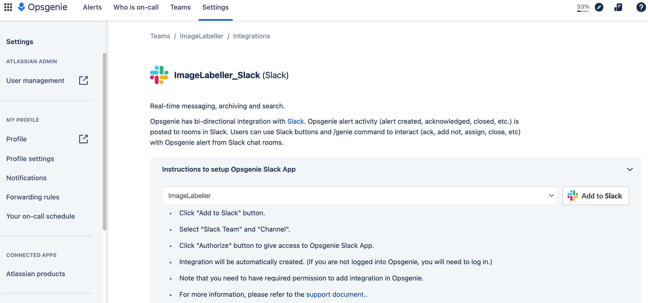 Capture d'écran de sélection de l'intégration Slack