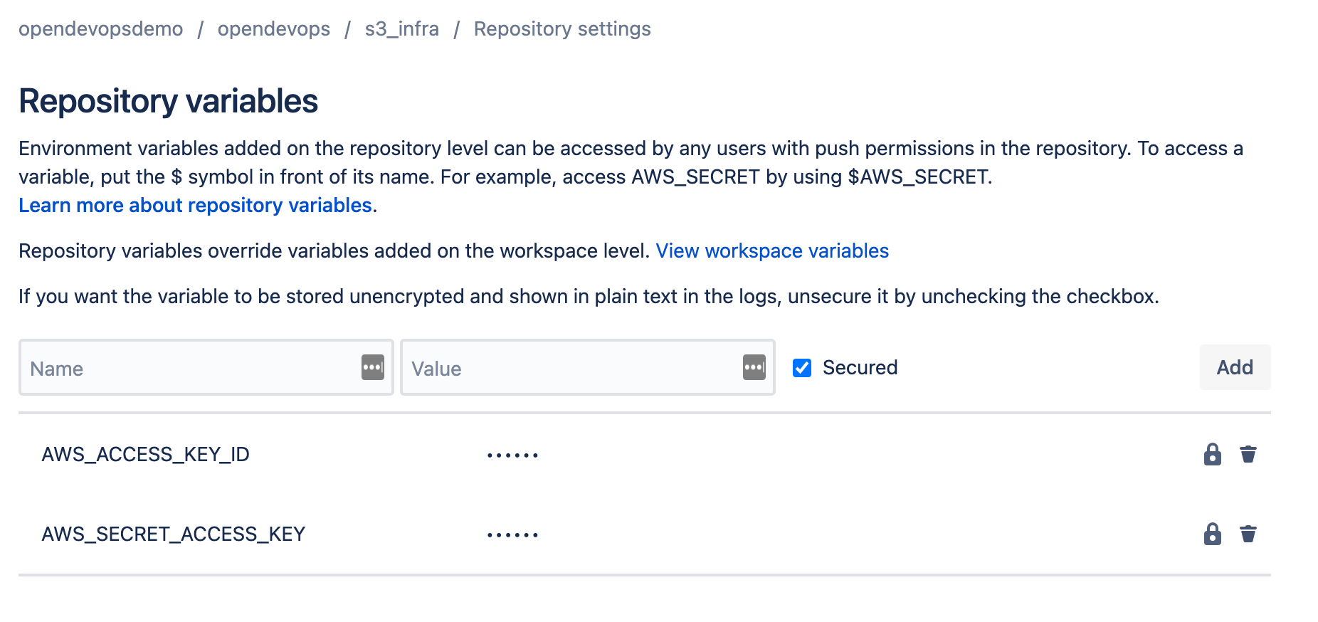 Repository variables in Bitbucket