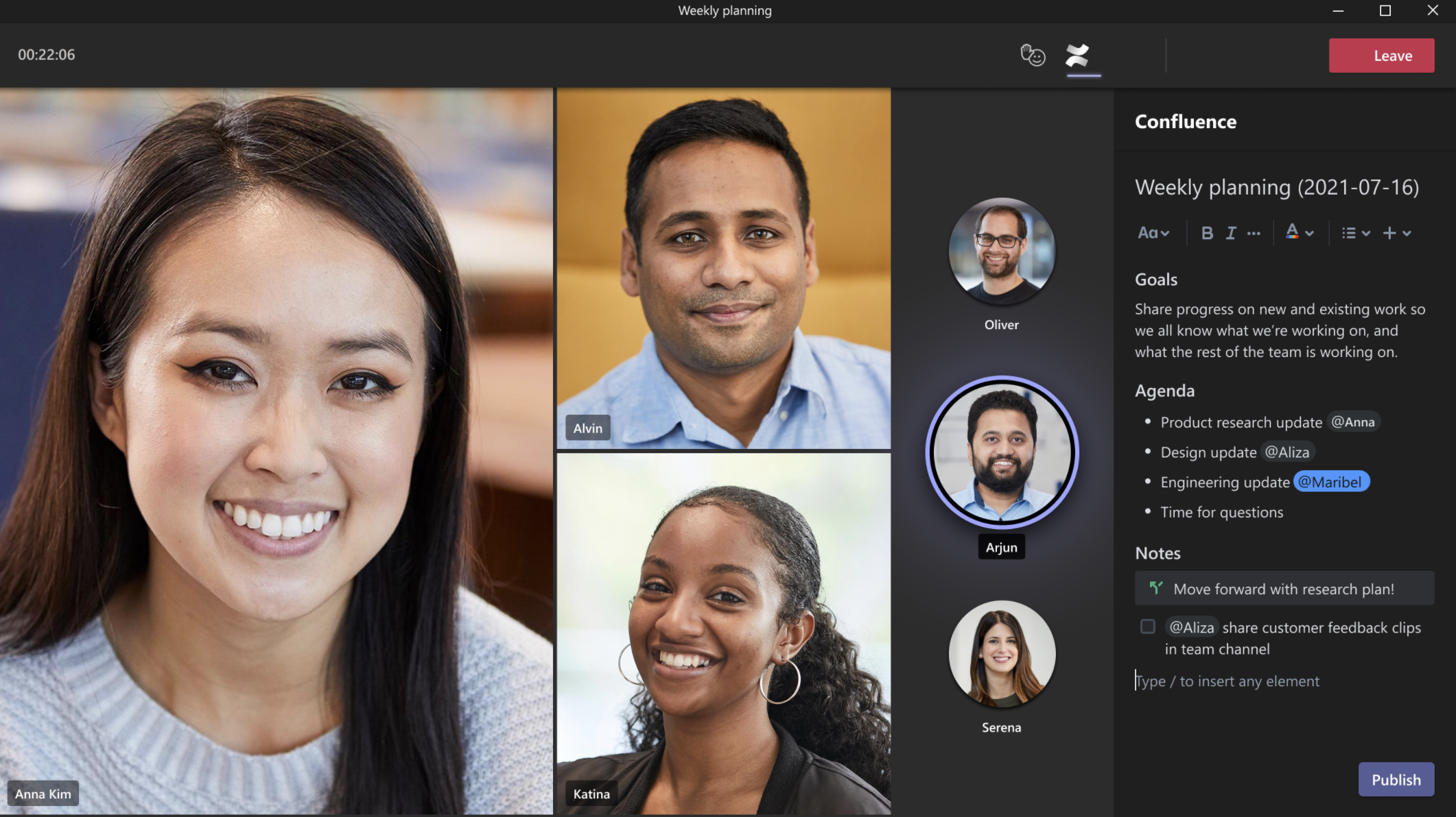 Capture d'écran de Confluence Cloud pour Microsoft Teams (3 personnes en visioconférence)