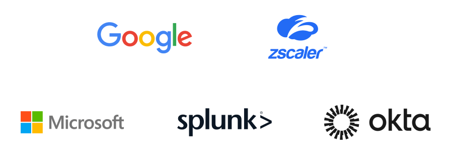Logotipos da Microsoft, Splunk, Okta, Google e Zscaler