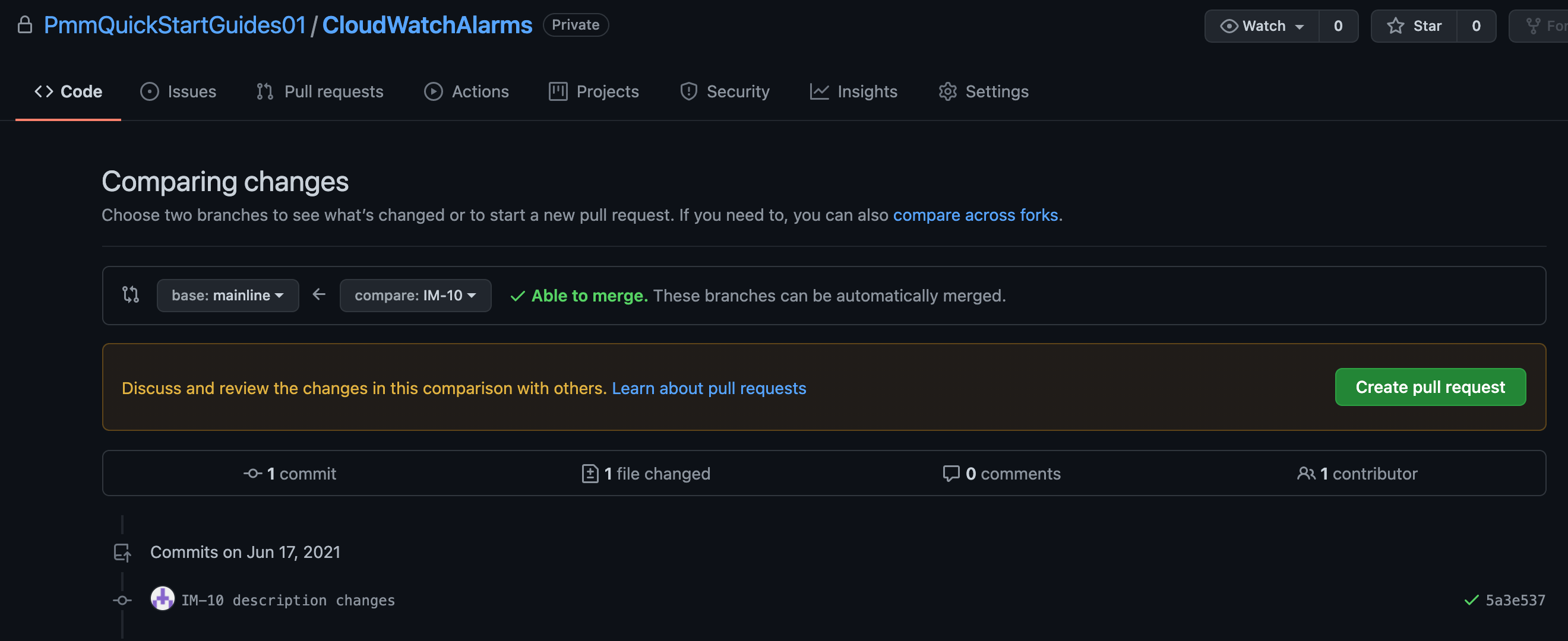 screenshot of creating pull request in github