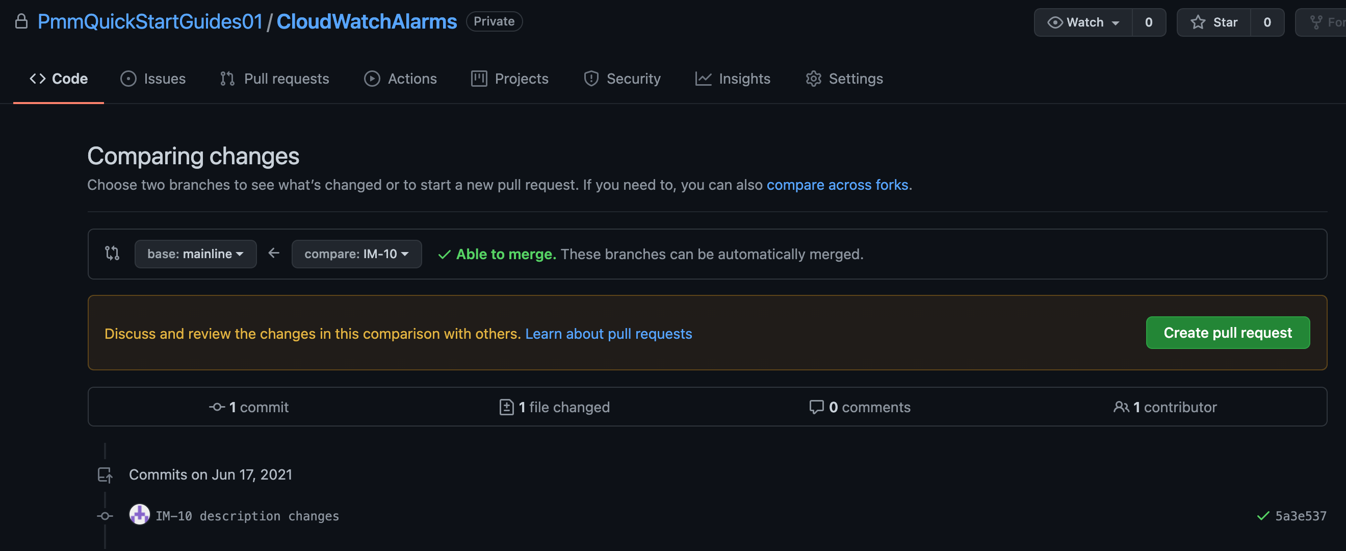 Screenshot della creazione di una pull request in GitHub
