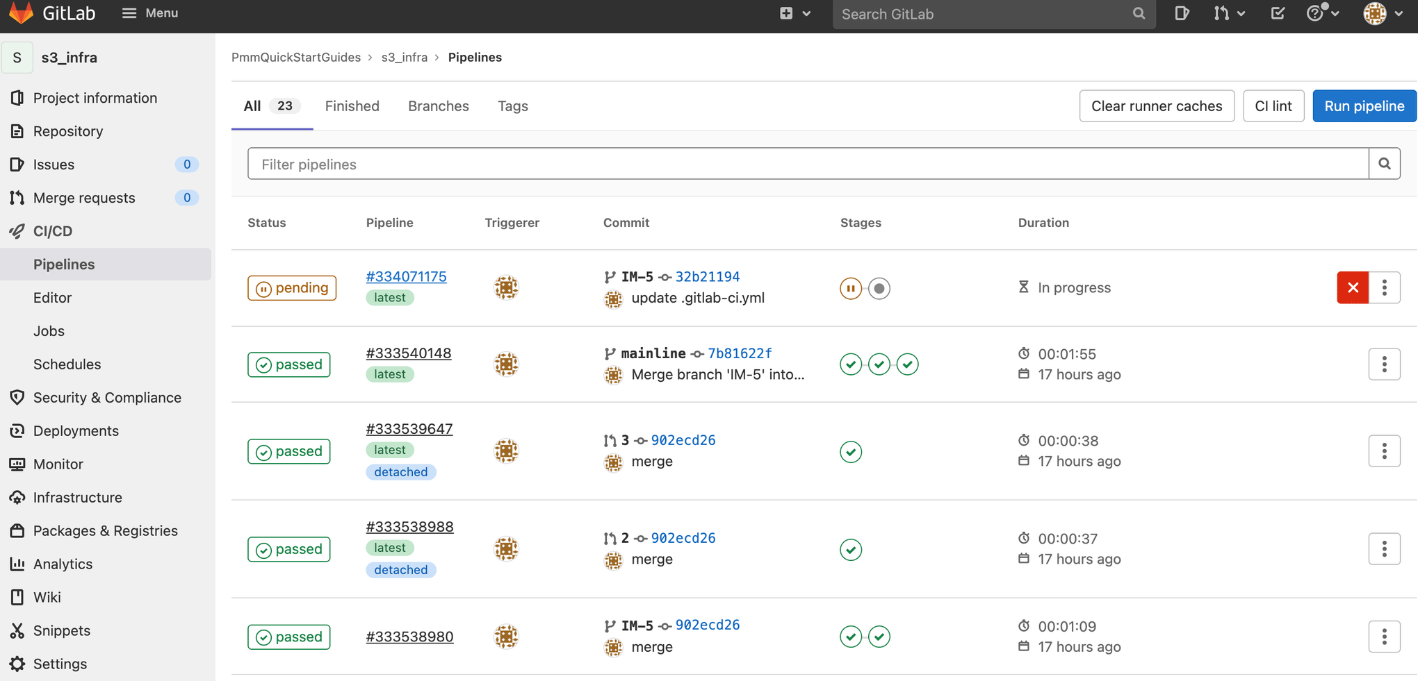 Tela de pipelines de IC/CD no GitLab