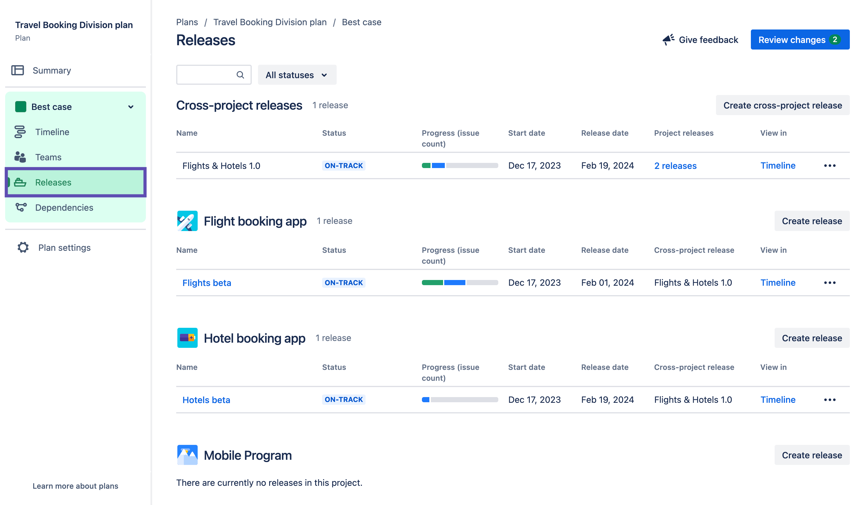 Vue des versions dans Jira Planifications