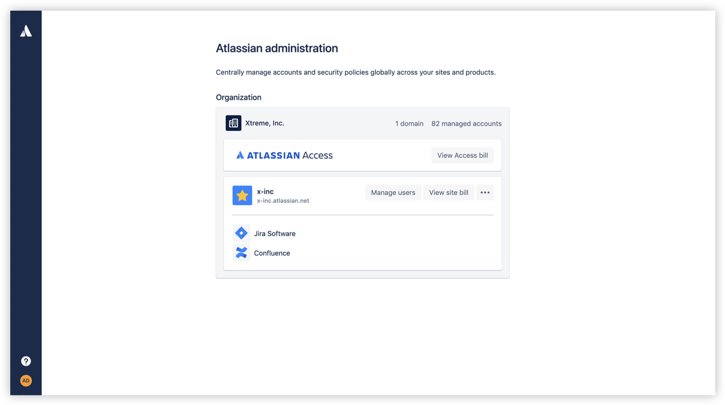 Tela de informações da administração Atlassian