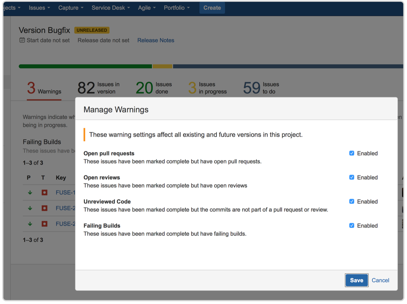 Manage warnings screenshot