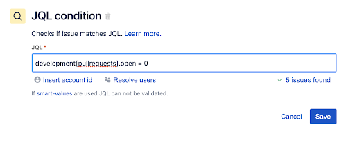 이슈를 전환하는 Jira Automation 규칙 2단계: JQL 조건 구성 요소를 추가하고 JQL 쿼리를 작성 및 저장