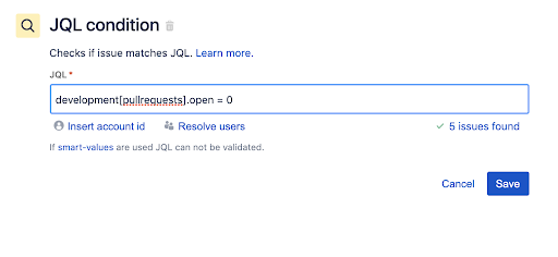 Jira automation rule to transition issues Step 2: Add a JQL condition component, write a JQL query and saving it