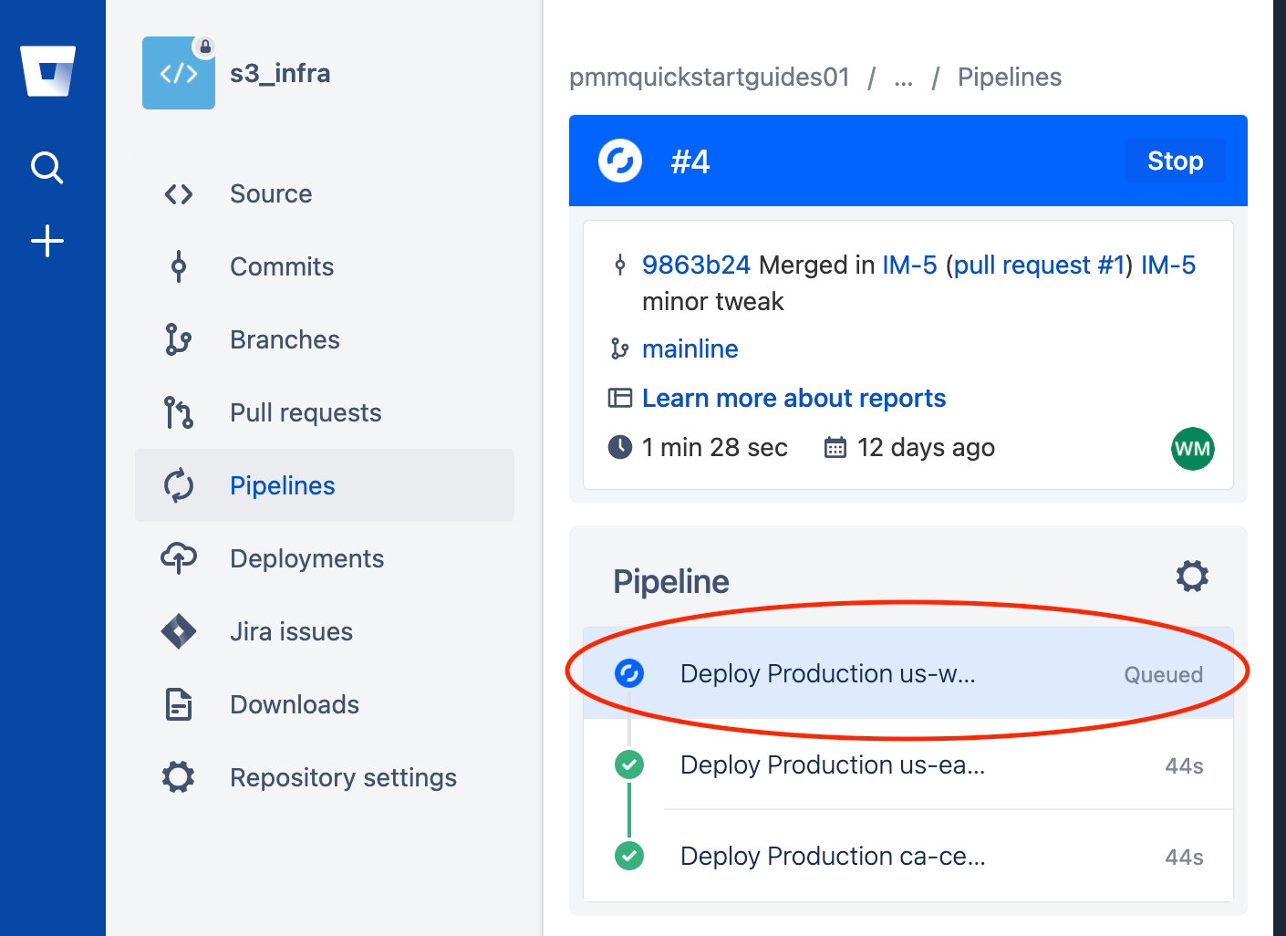 Modale della pipeline in Bitbucket che mostra solo l'ambiente scelto in fase di ridistribuzione