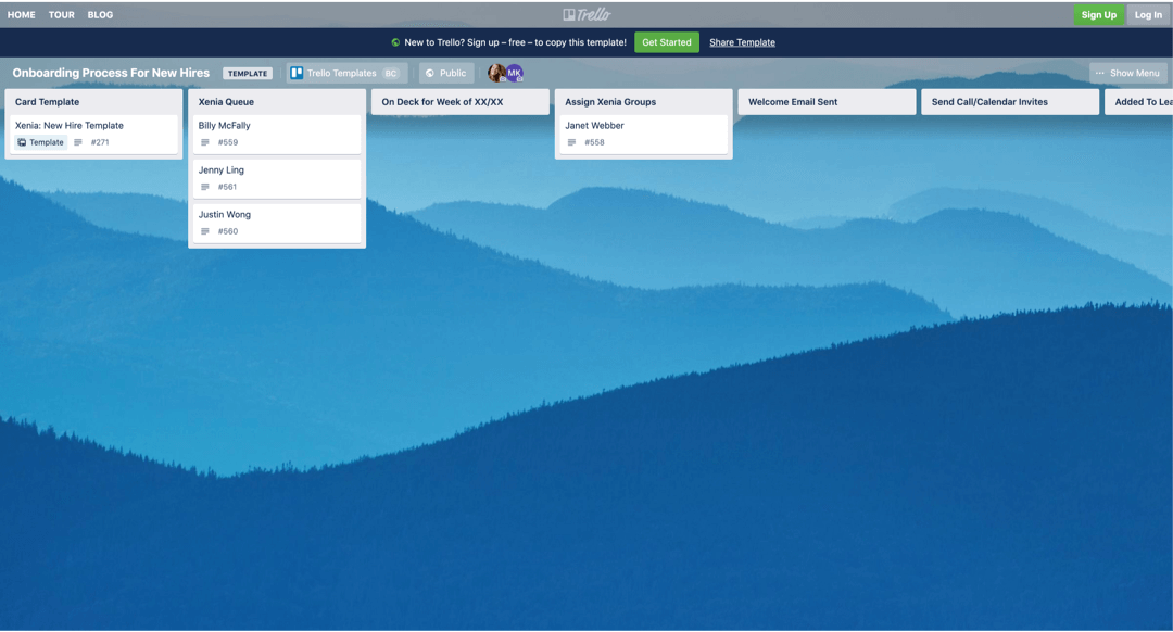 Onboarding Trello board