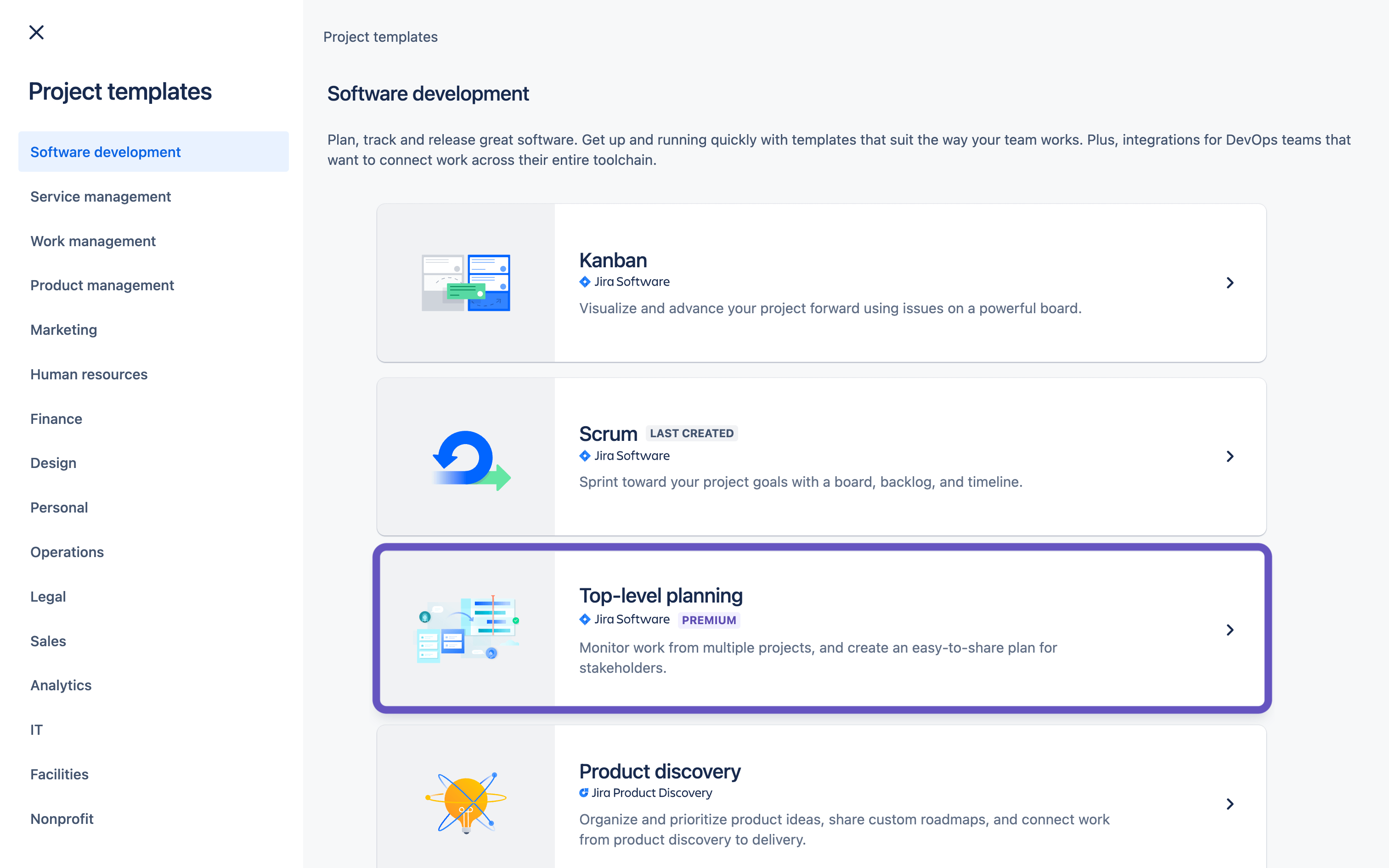 Jira Software 中的顶级规划项目模板
