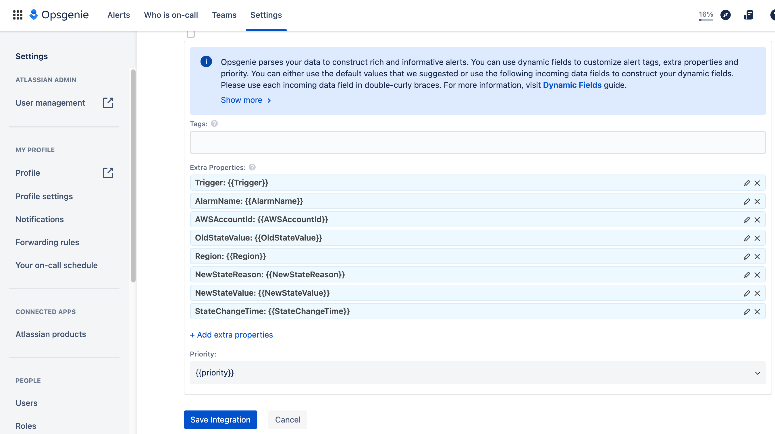 Capture d'écran d'enregistrement de l'intégration Opsgenie