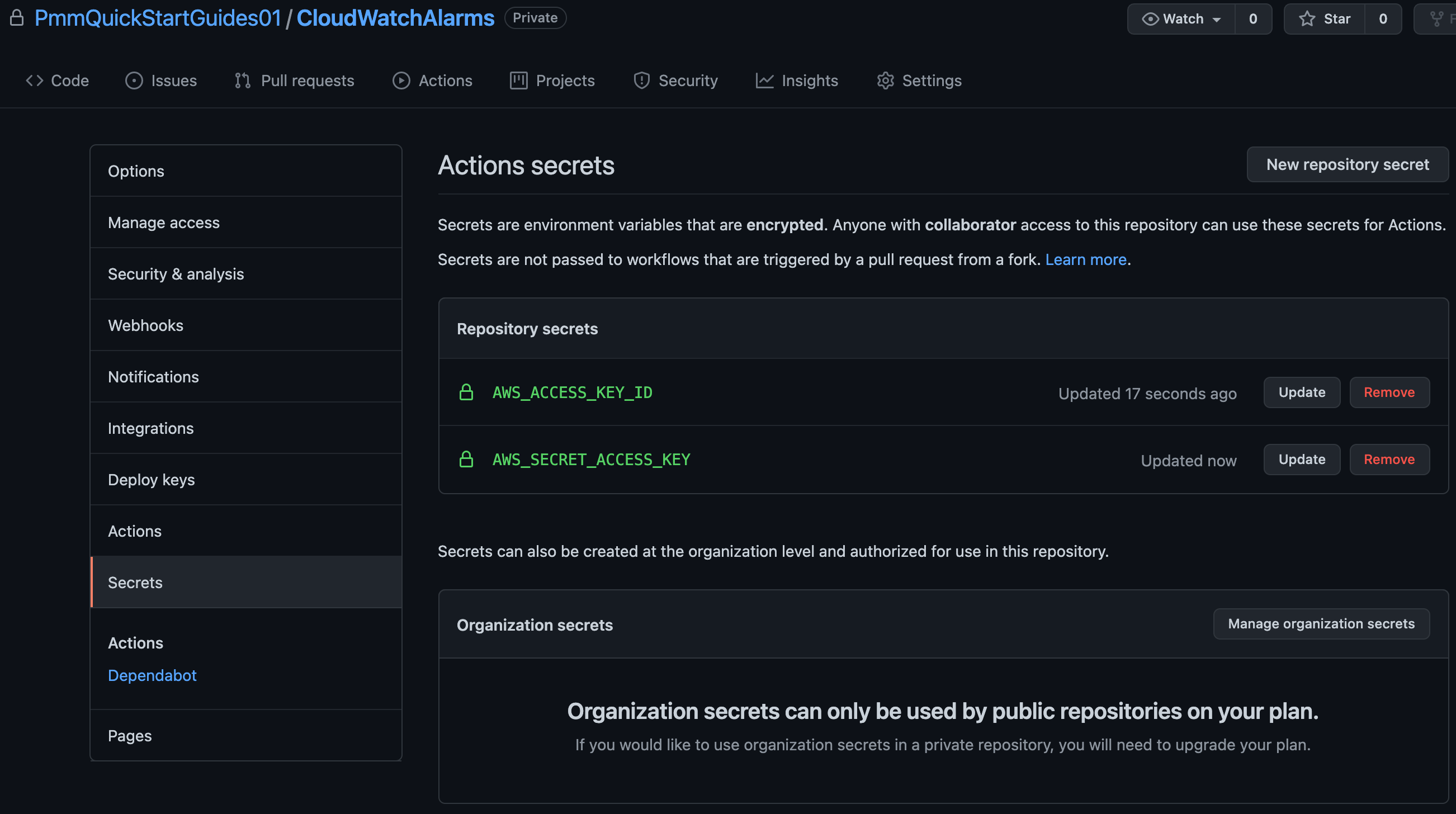 Capture d'écran d'ajout de clés d'accès AWS dans GitHub