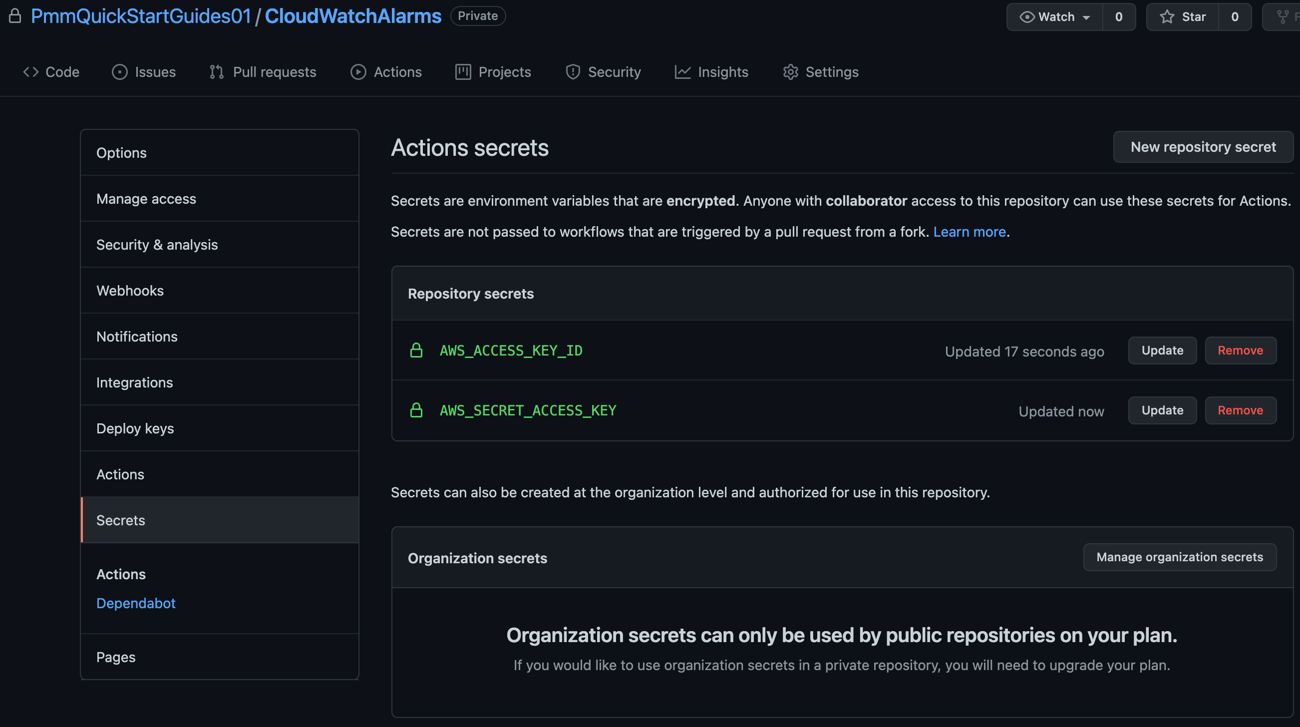 GitHub에 AWS 액세스 키를 추가하는 스크린샷