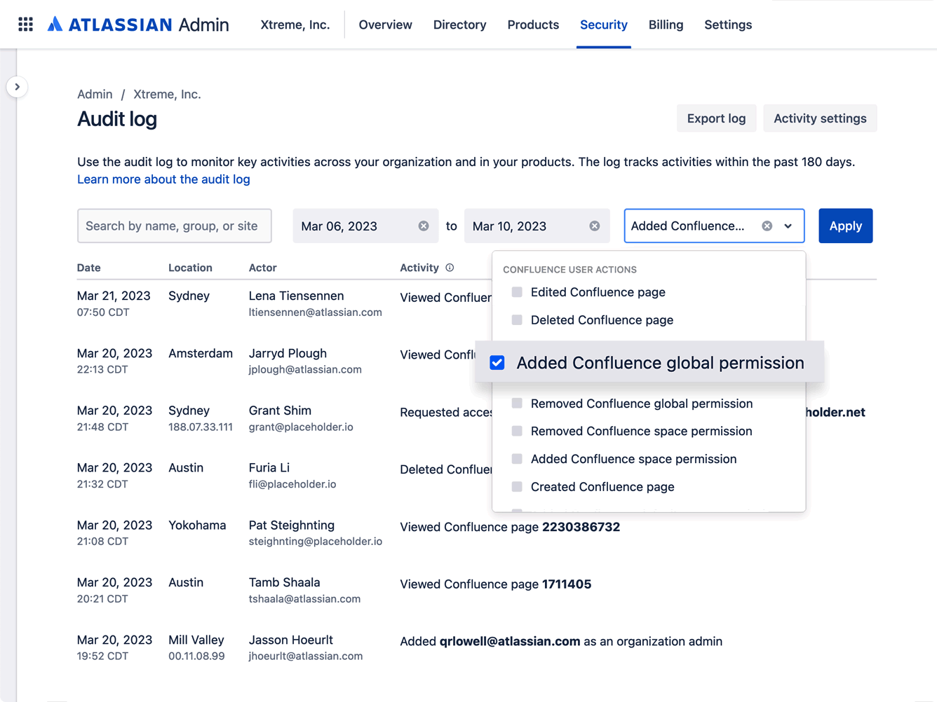Un journal d'audit dans le hub d'administration Atlassian avec vue des actions d'autorisations globales de Confluence