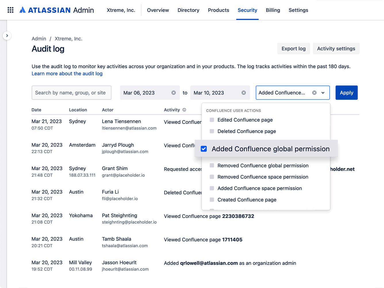 Confluence のグローバル権限アクションを表示したアトラシアンの管理ハブの監査ログ